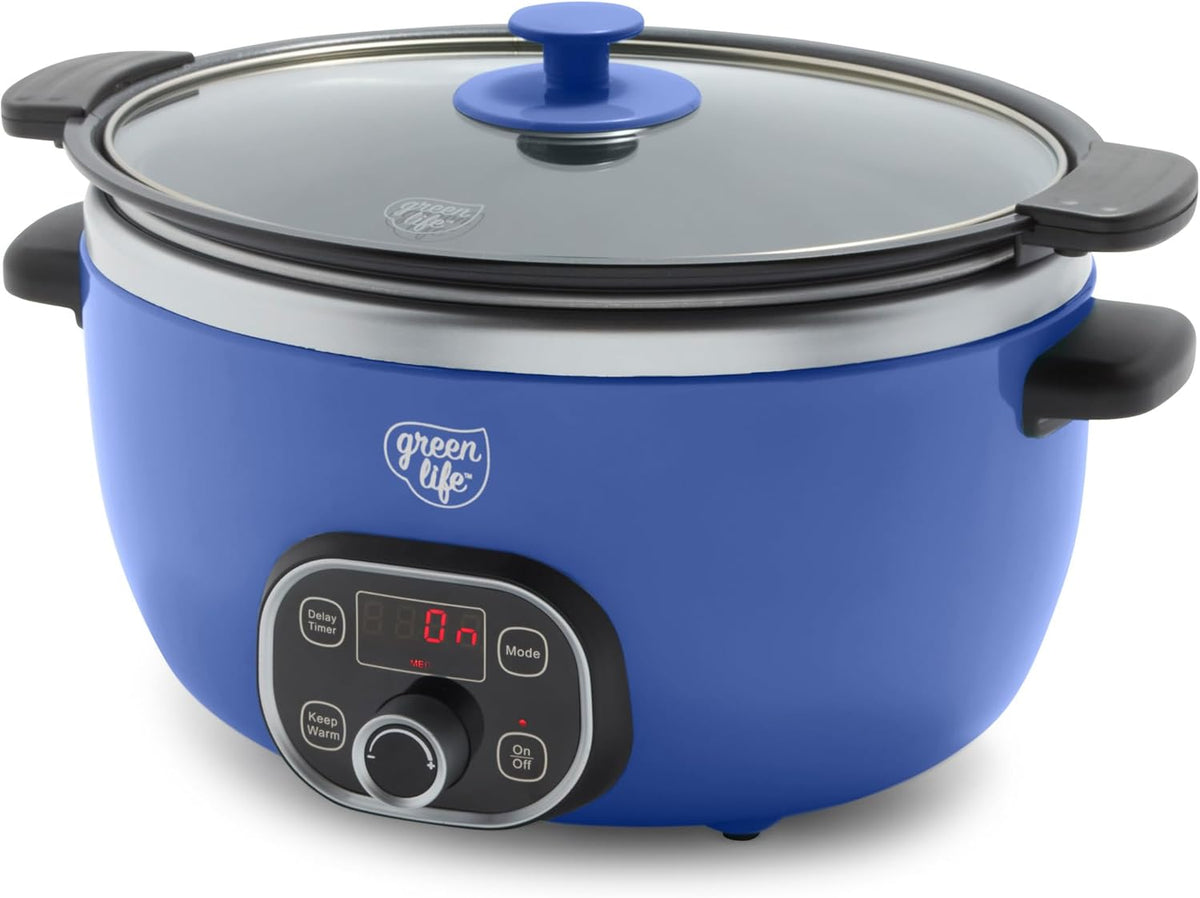 GreenLife 6QT Slow Cooker, Non-Toxic PFAS-Free Ceramic Nonstick Removable Interior Bowl, Programmable, Family Friendly, Keep Warm, Stovetop & Oven Safe, Dishwasher Safe Parts, Timer, Glass Lid, Blue