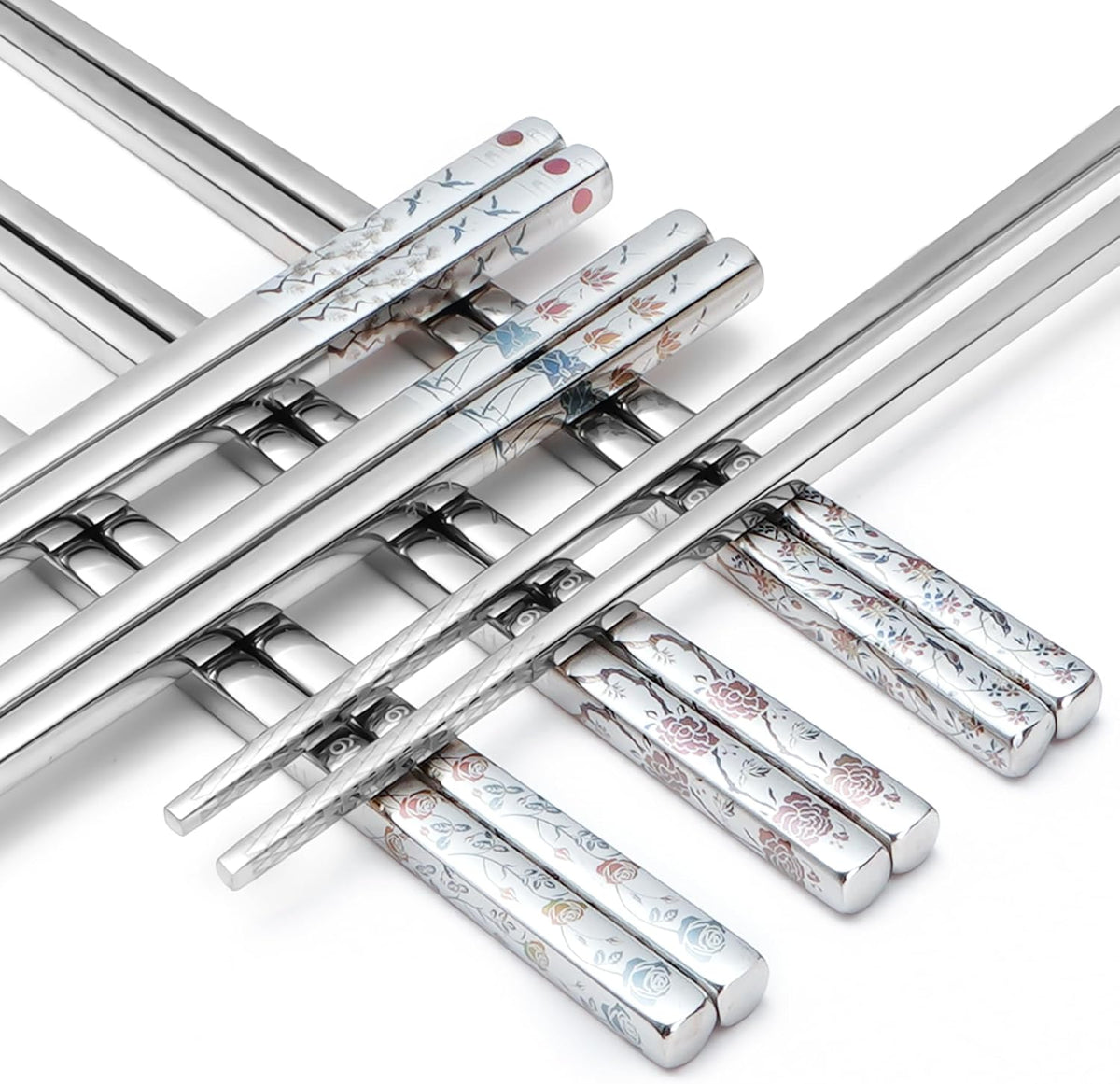 Stainless Steel Chopsticks, Titanium Plated Metal Chopsticks, 9.8" Premium Japanese Korean Color Laser Engraved Cooking Chop Sticks, Dishwasher Safe, Reusable, Anti-slip, Anti-scald, 5 Pairs Gift Set