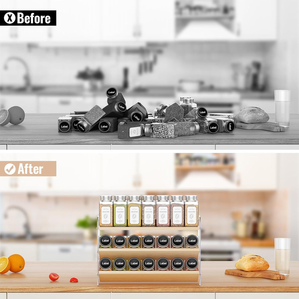 MUDEELA Clear Spice Rack Organizer for Cabinet, 3 Tiered Vertical Spice Shelf, Wooden Seasoning Organizer for Countertop, Kitchen, Pantry, Freestanding, 13.3" W × 11.2" H (No Jars Included)