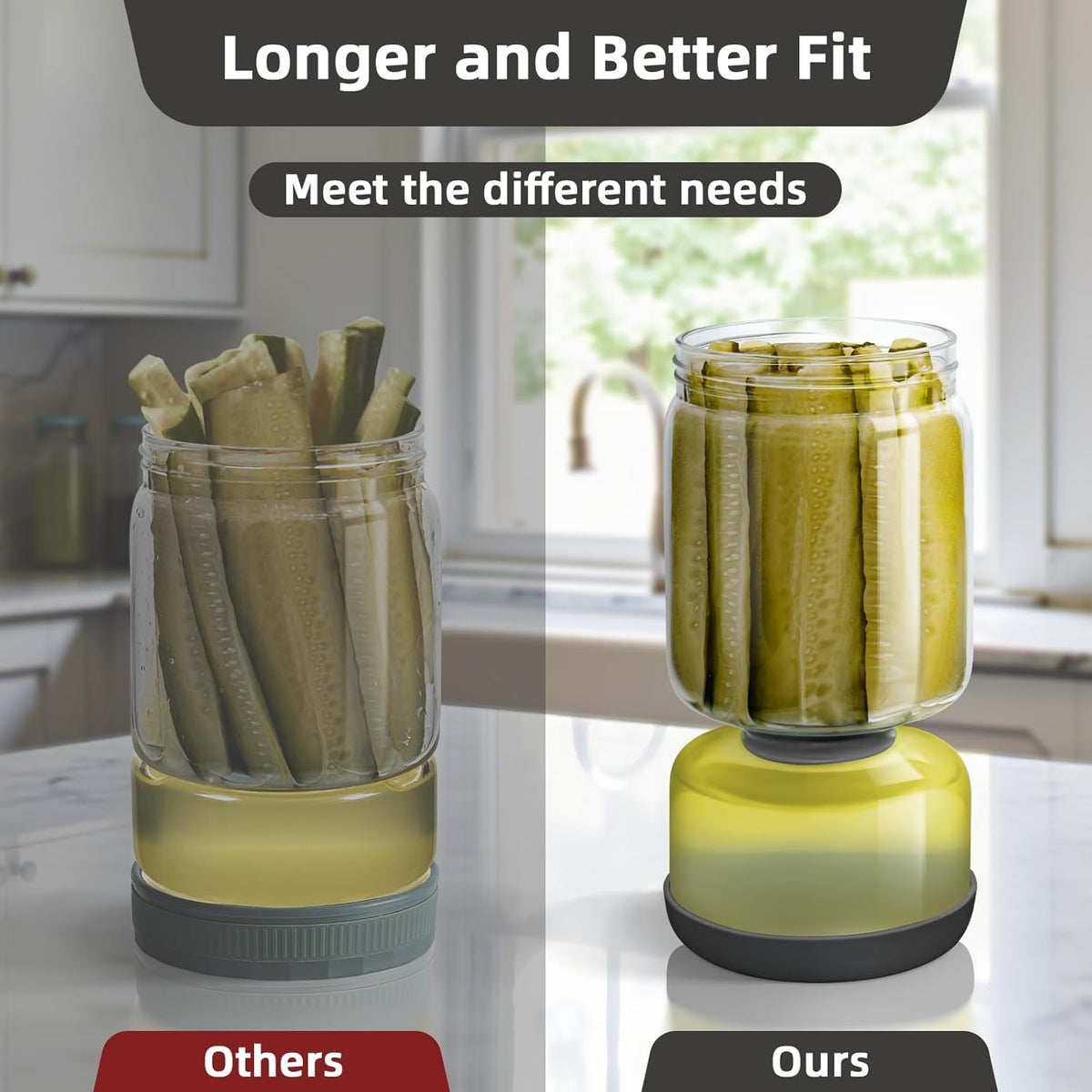WhiteRhino Glass Pickle Jar with Strainer Flip,46oz longer Pickle Container,Hourglass Pickle Juice Separator Jar for Olives,Gherkins,Long cucumber or Sliced,Leakproof Dishwasher Safe