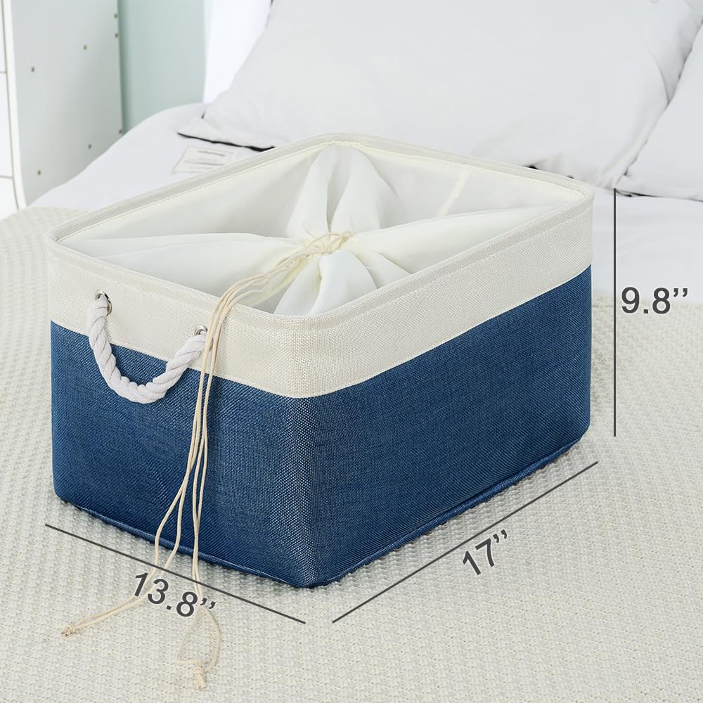 TheWarmHome Organization and Storage Basket for Organizing - X Large 3 Pack 17.7L×13.8W×9.8H in Collapsible Storage Bin for Shelves, Basket for Gifts Empty Toys Organizer Gift (White & Jean Blus)