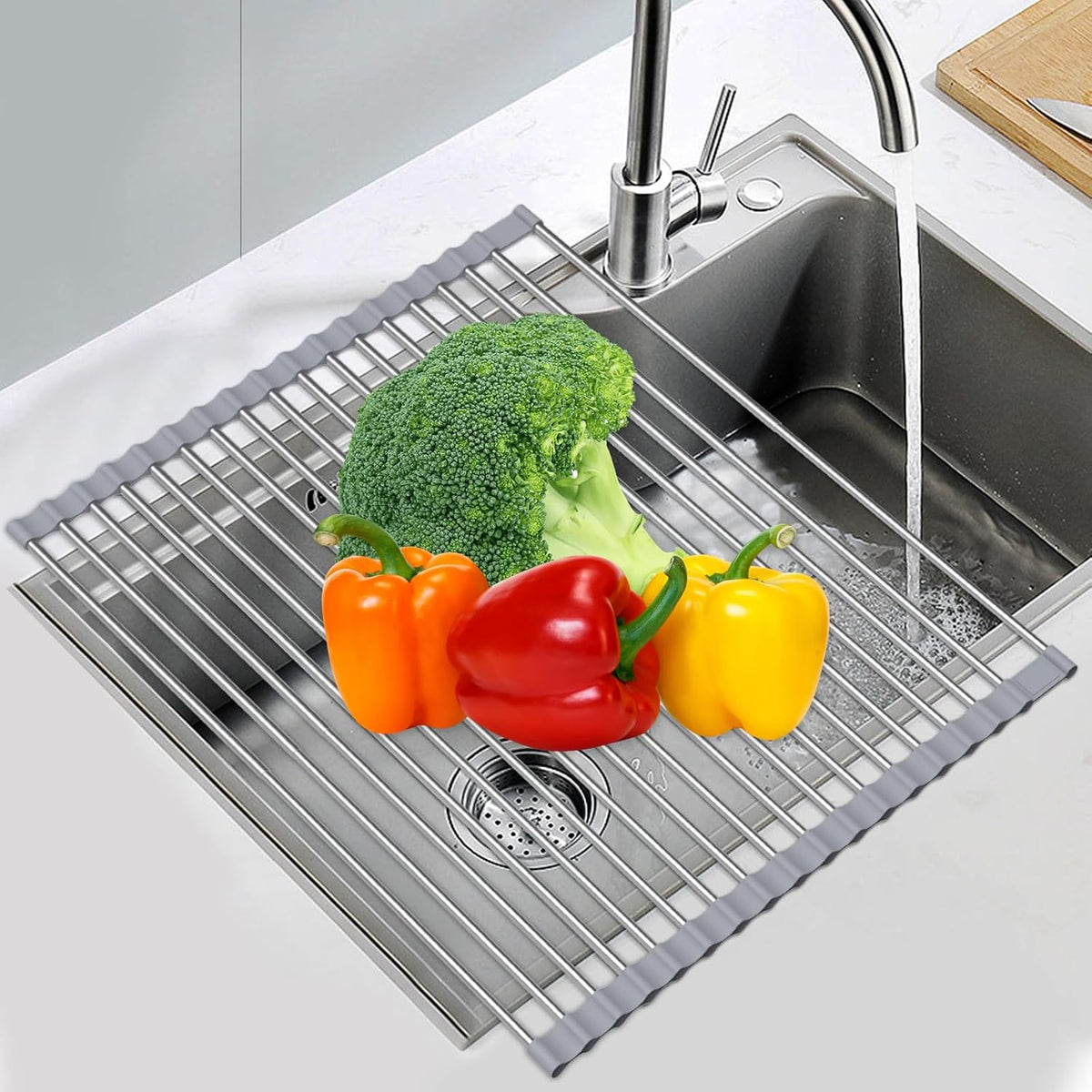 Expandable Roll Up Dish Drying Rack, 23.6"L x 15.7"W Large Stainless Steel Over The Sink Dish Drying Rack with Silicone Wrapped Anti-Slip Foldable Multipurpose Dish Drainers for Kitchen Sink
