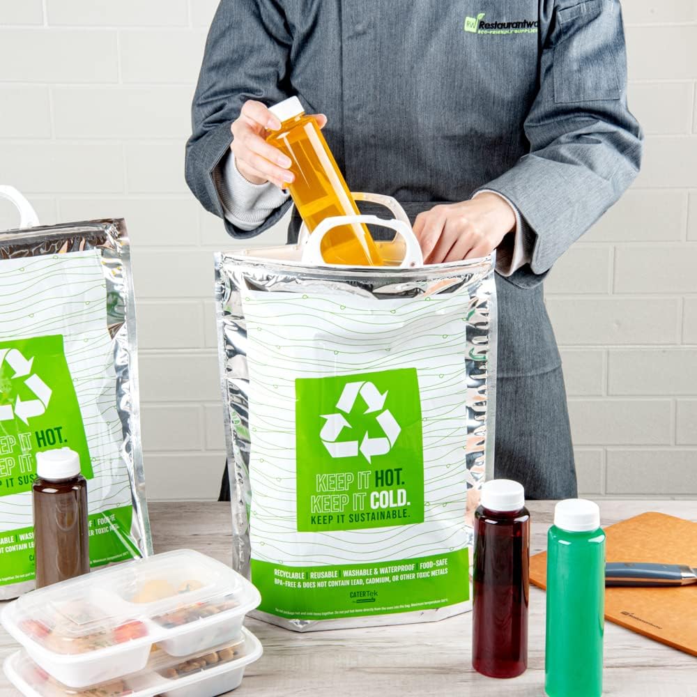 Restaurantware Cater Tek 11.8 x 5.9 x 15 Inch Hot And Cold Bags 10 Triple Layer Insulated Bags - Snap Lock Handles Waterproof Green & Silver Plastic Thermal Lunch Bags For Frozen & Hot Items