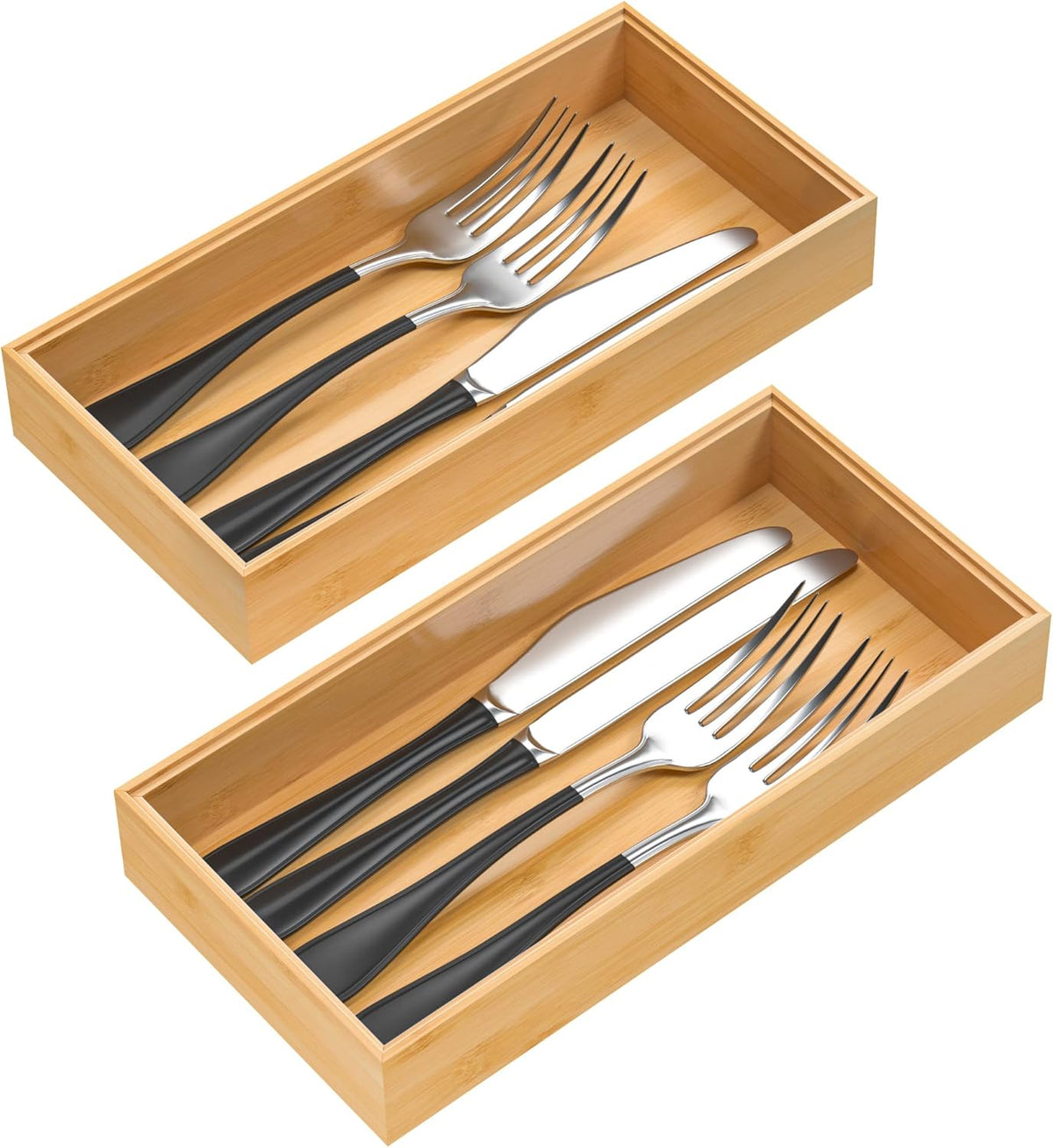 Silverware Tray for Drawer, Stackable Kitchen Bamboo Drawer Organizer 12" x 6" x 2" Set of 2