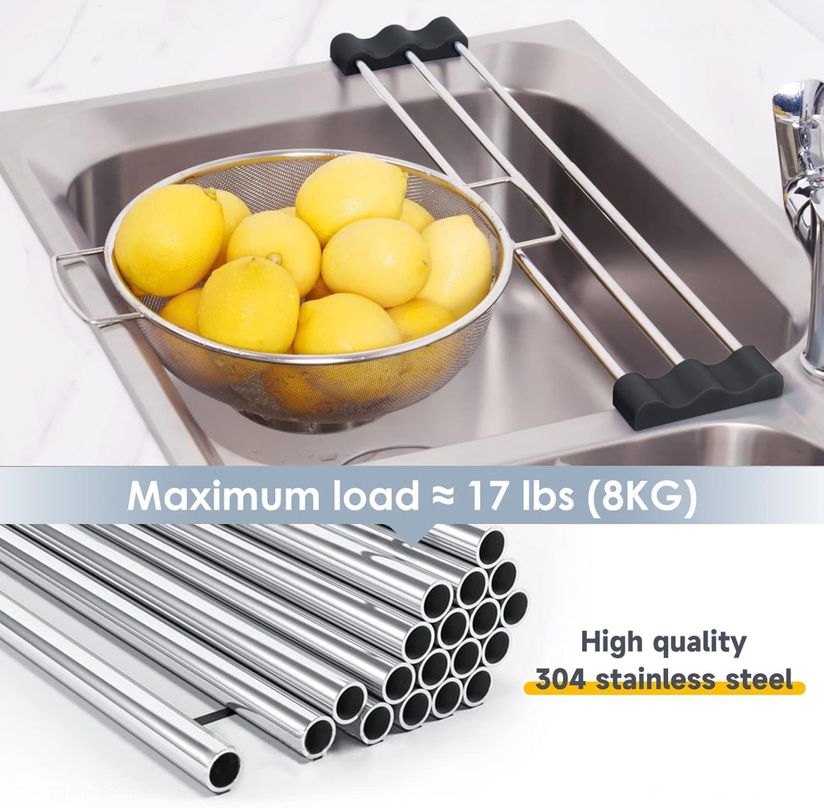 Tomorotec Adjustable Over-The-Sink Kitchen Rack for Dishcloths, Sponges, Bottles and Brushes - Heat-Resistant Stainless Steel with Slim, Expandable Design and Multifunctional Silicone Holder