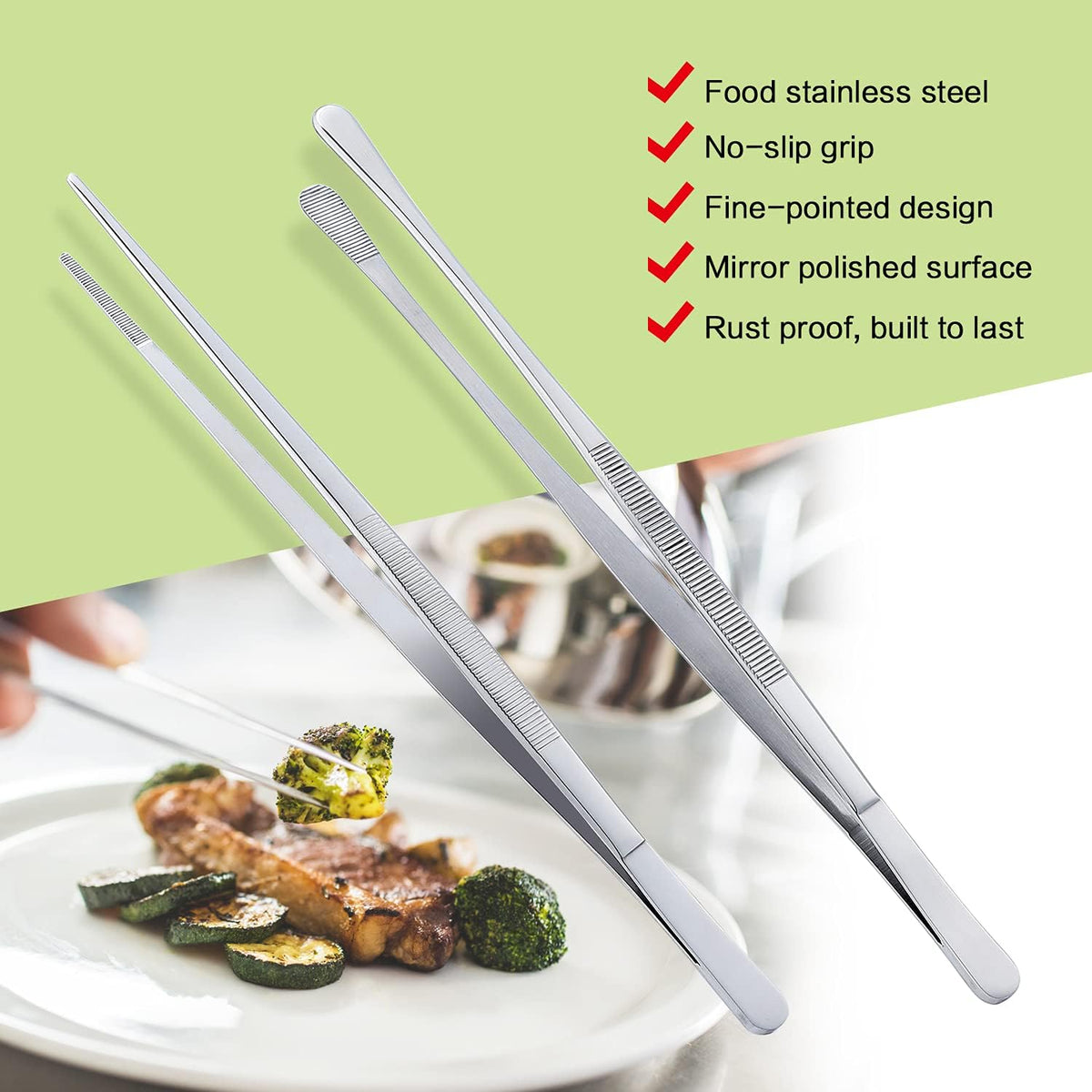 MSY BIGSUNNY Stainless Steel Food Tweezers Multi-function Cooking Tongs Kitchen Serving Tong (12" Round & 12" Pointed Tweezers)
