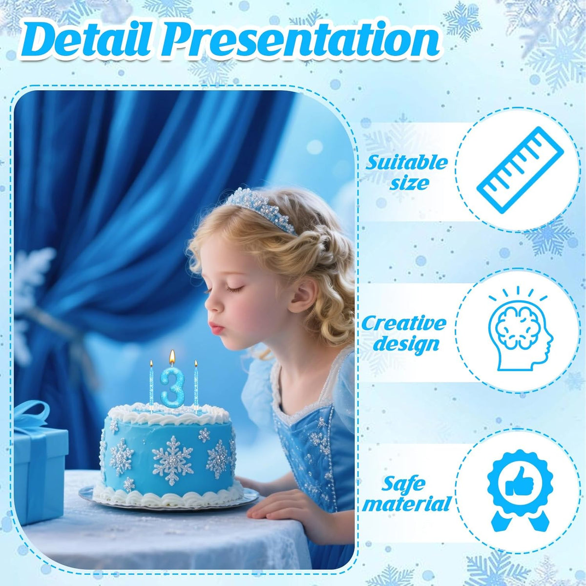 13PCS White and Blue Frozen Themed Party Birthday Candles Set - Blue Number Candles Snowflake Themed Decorations, Girls Party Supplies(Number 3)