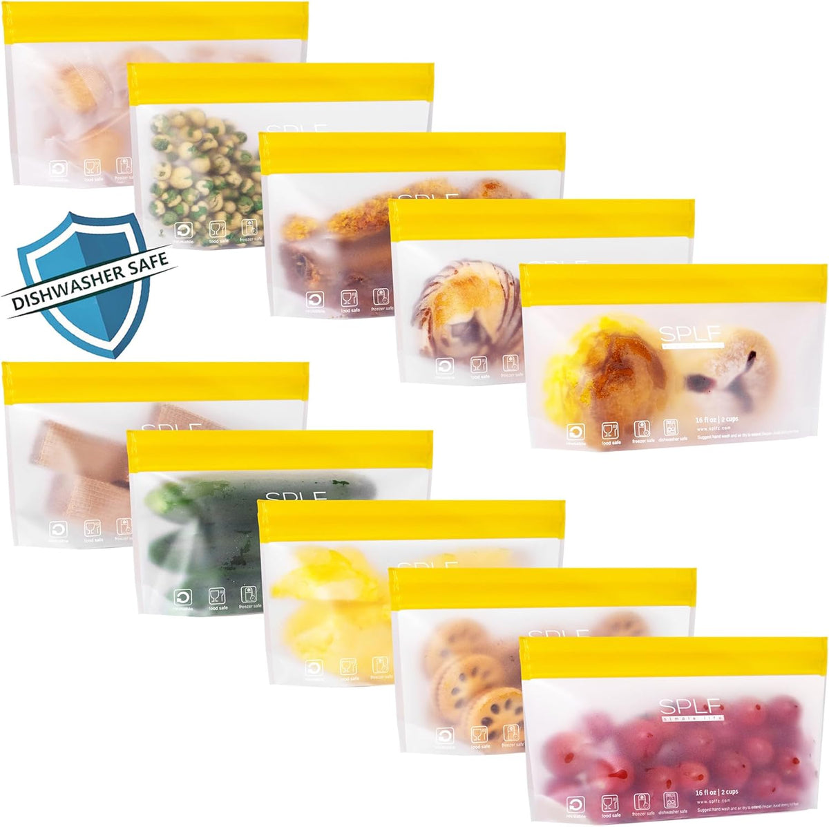 SPLF 10 Pack Stand-Up Reusable Snack Bags Dishwasher Safe, BPA Free Food Storage Bags, Extra Thick Leakproof Freezer Bags Silicone Snack Pouch For Candy, Fruits, Cereal, Home Organization