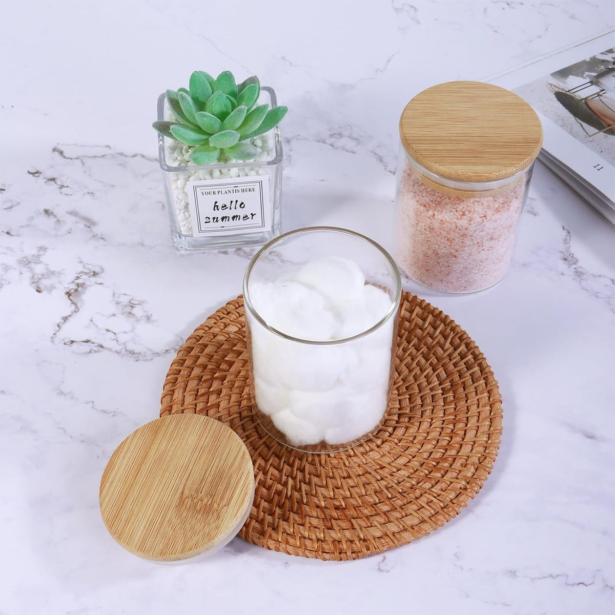 2 Pack Glass Jars with Bamboo Lids - Airtight Bathroom Storage Containers for Organization, Decor & Kitchen Pantry - 7.6oz Small Jars, Eco-Friendly Bath & Kitchen Accessories