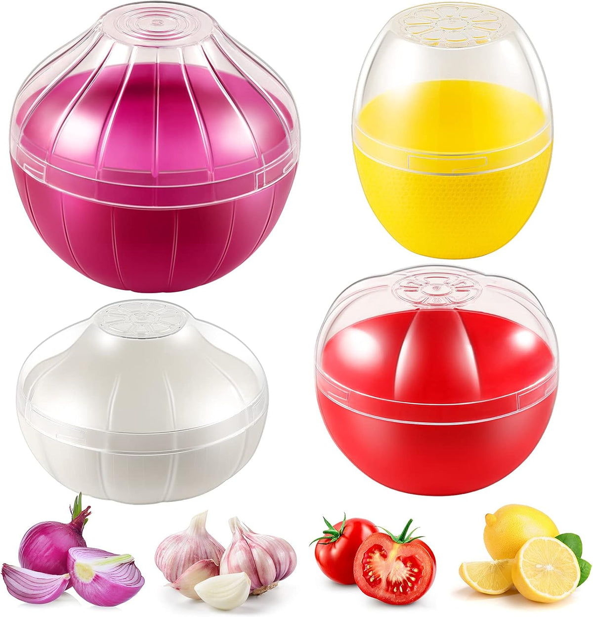 Vegetable and Fruit Storage Containers for Fridge, 4 Pcs BPA Free Reusable Food Saver - Tomato, Garlic, Onion, Lemon Keeper Holder - Refrigerator Vegetable Crisper Makes Food Stays Fresh Longer