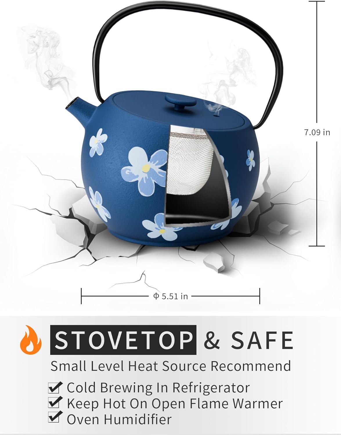 Toptier Teapot with Removable Infuser, Cast Iron Tea Kettle Stovetop Safe, Solid Geometry Ball Design Tea Pot Coated with Enameled Interior for 32 Ounce (950 ml), Navy Flower