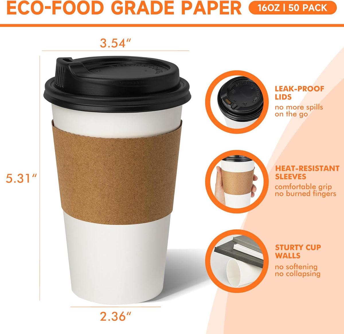 50 Pack 16 oz Disposable Coffee Cups with Lids and Sleeves, Paper Coffee Cups for Hot/Cold Drinks, Leak-Proof To Go Cups for Home, Cafes, Events and Office