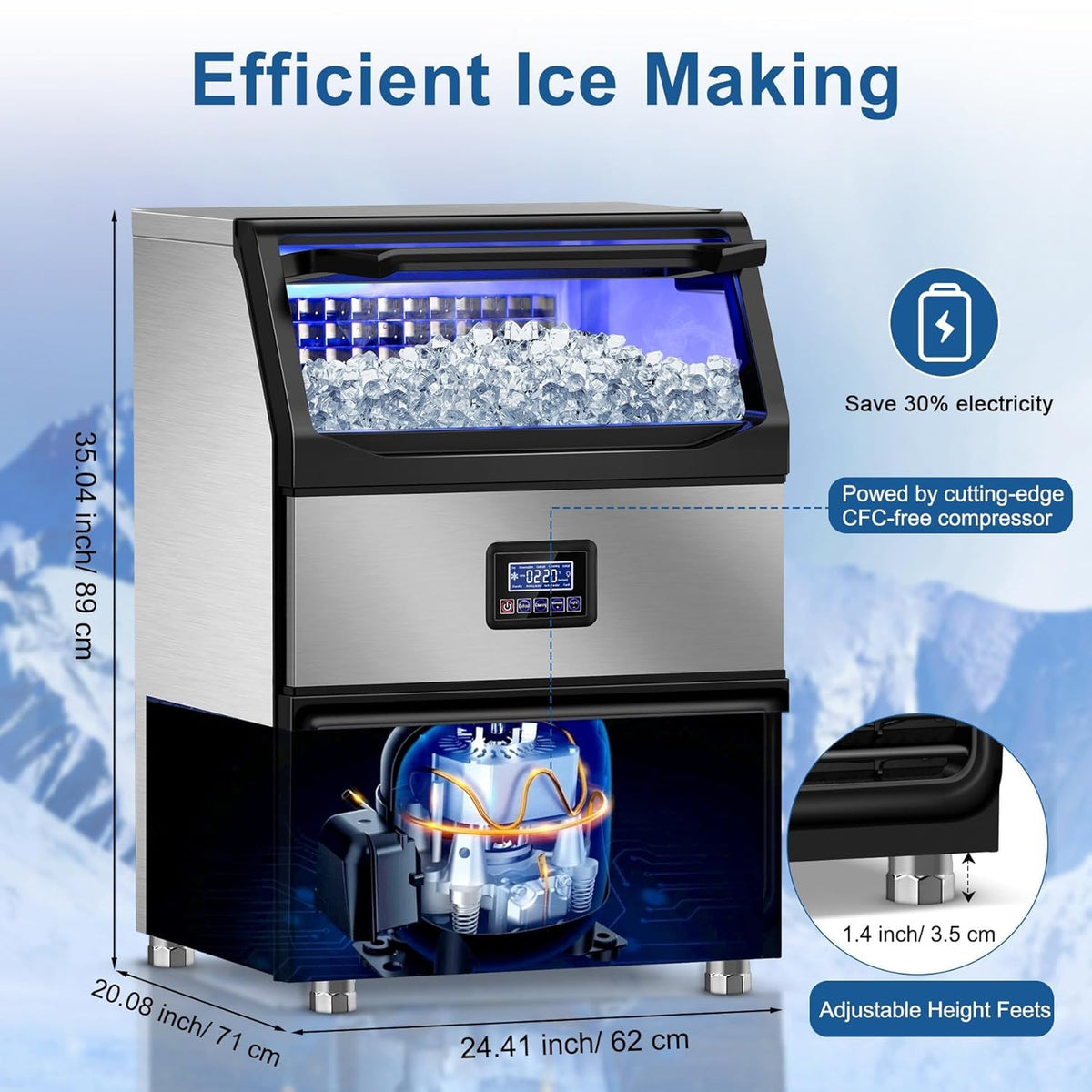 Commercial Ice Machines, 350Lbs/24H with 75Lbs Storage Bin, 108Pcs Ice Cubes 8Mins, Freestanding Large Ice Machine with Water Filter and Ice Scoop for Home Bar Office Restaurant