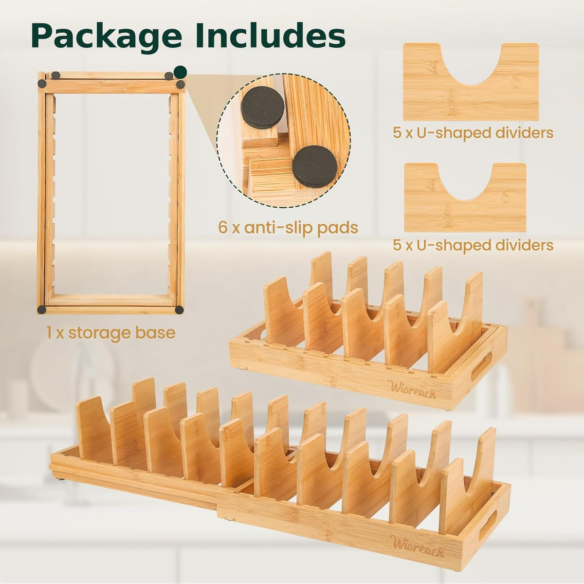 Bamboo Pot Lid Organizer, Adjustable Kitchen Organizer for Cabinet, Expandable Pot and Pan Storage Rack, Kitchen Organization for Lids, Bakeware, and Cutting Boards
