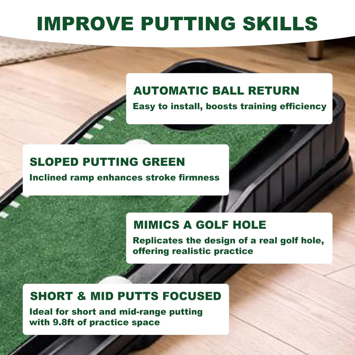 Golf Putting Mat Set with 9.8 ft Putting Green, 4 Golf Balls for Indoor Use