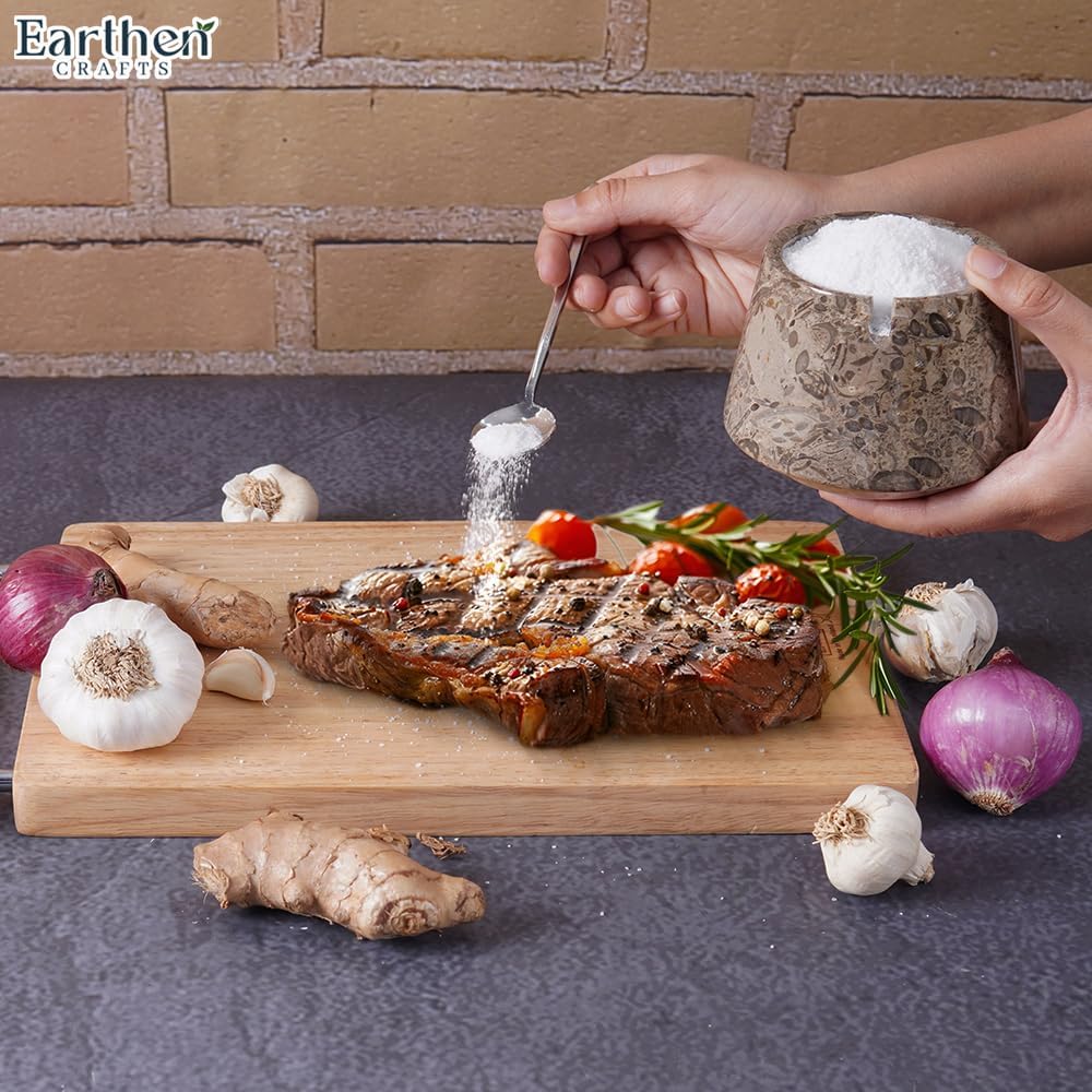 Marble Salt Cellar With Lid & Spoon Oceanic 4" Seasoning & Spice Jar Salt Container - Coffee Candy Holder For Kitchen Counter