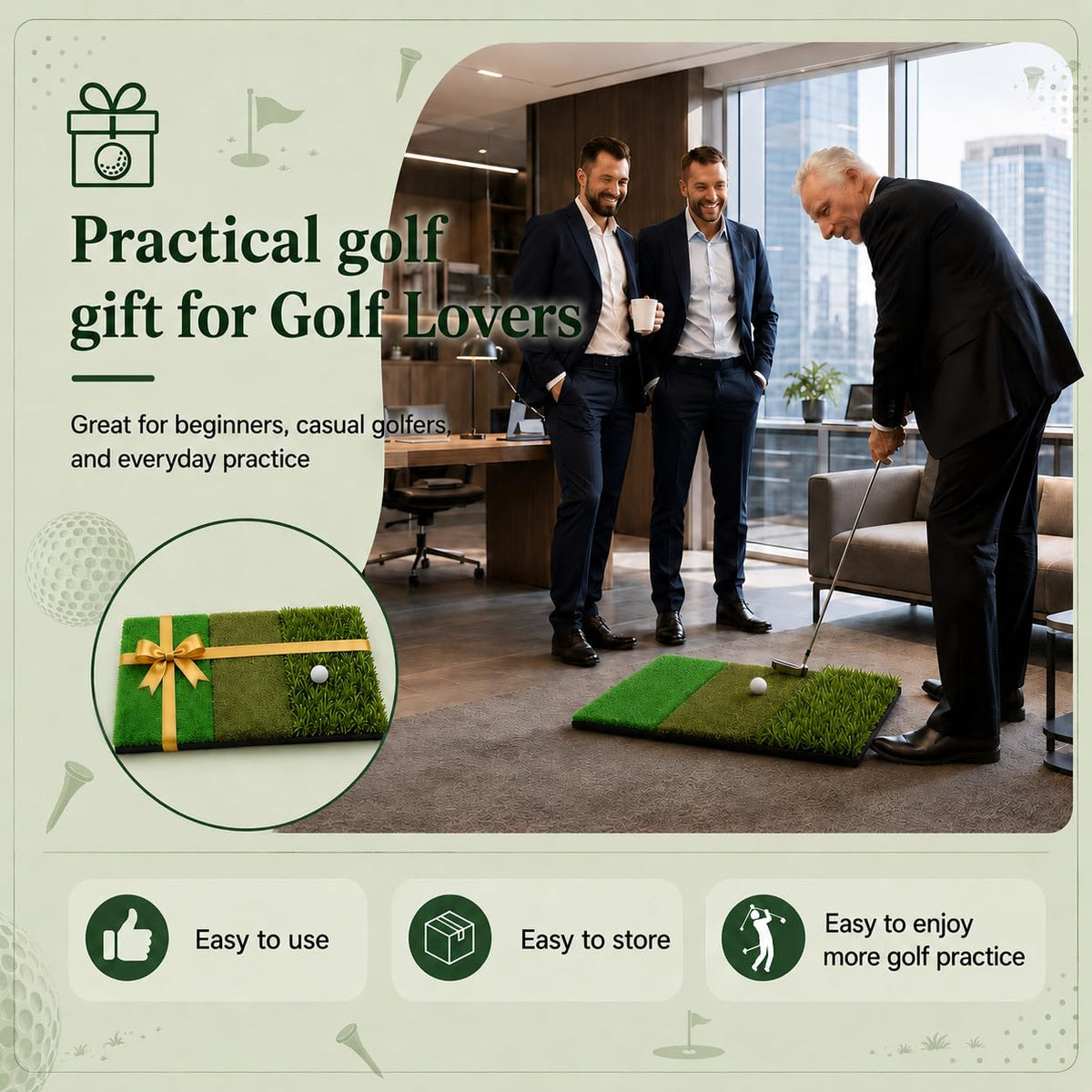 CalmBloom Golf Practice Mat 3-in-1 Turf Golf Hitting Mat for Swing, Putting & Chipping | Portable Golf Training Mat Indoor/Outdoor, Golf Mat with 8 Tees