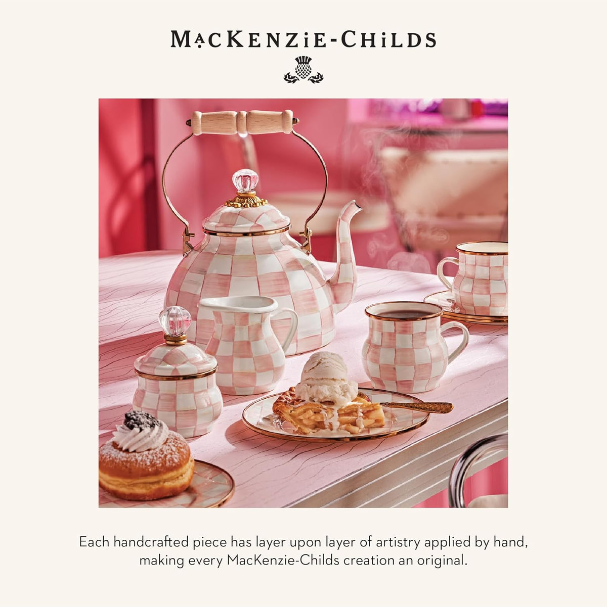 MACKENZIE-CHILDS Enamel Salad Serving Set, Enamel Bowl and Wooden Salad Servers, Decorative Kitchen Set, Pink-and-White Rosy Check