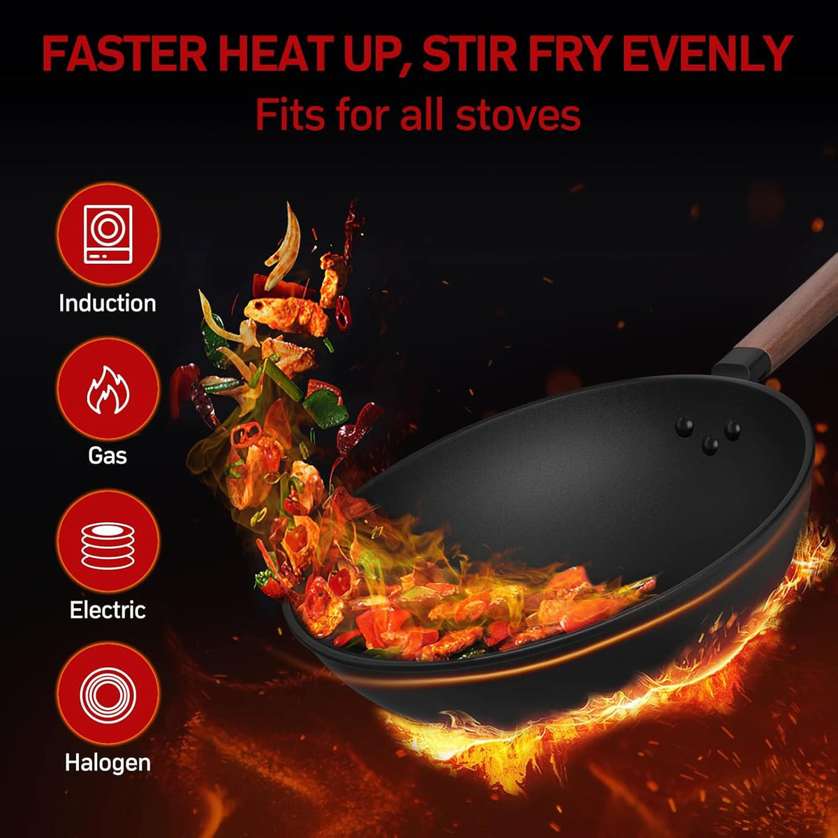 Carbon Steel Wok - Including Glass Cover and Steel Spatula, 13-Inch Woks & Stir-Fry Pans for Induction, Electric, Gas Stoves