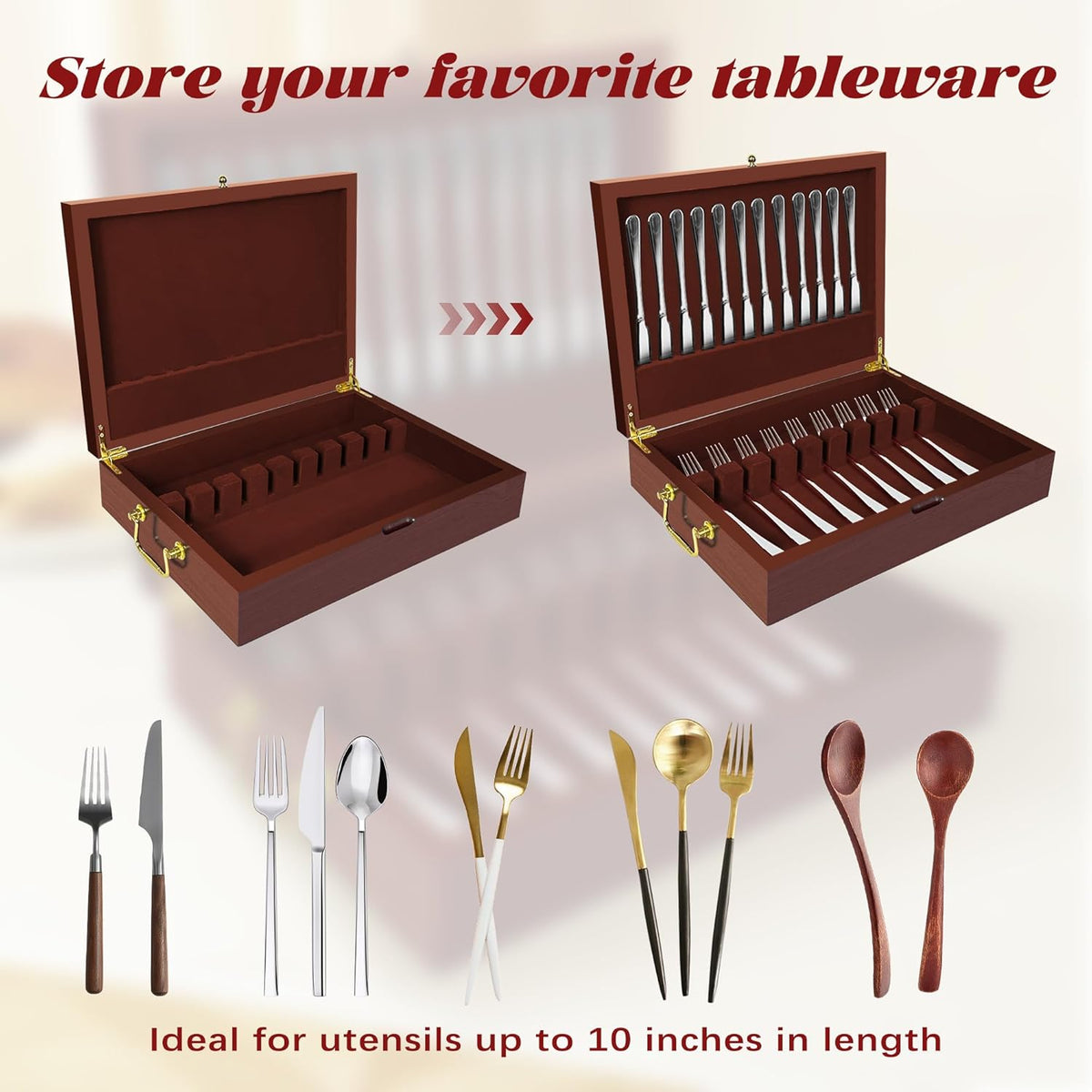 Silverware Storage Box Solid Wood with Lid, Silverware Organizer with Handle and Felt Lined, Silverware Storage Chest for Flatware and Utensils Home Decor Gift, Chest for Flatware Setting Up 15