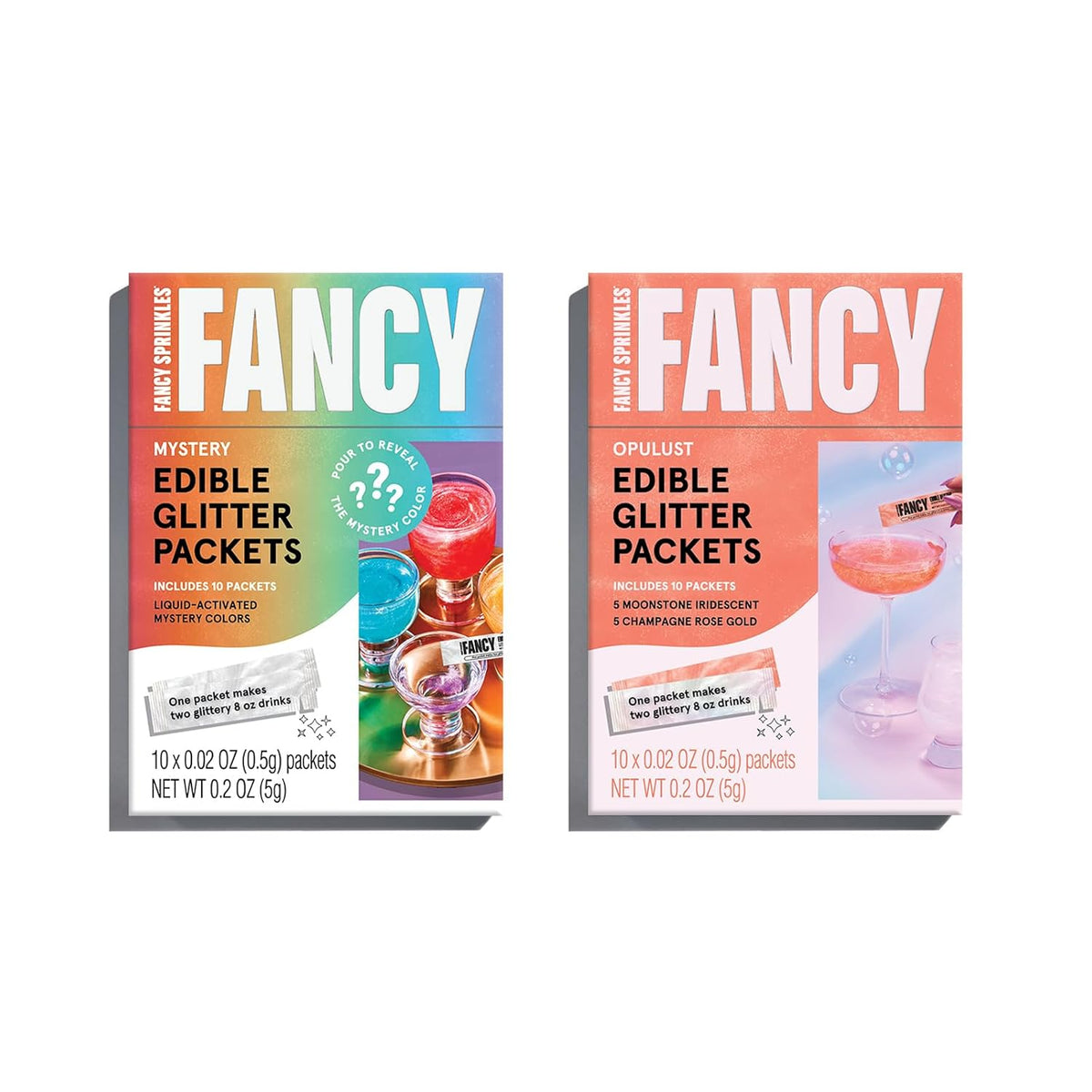 Fancy Sprinkles VIP Set (Opulust and Mystery) Edible Glitter Packets Portable & On-The-Go for Sparkling Drinks, Champagne, Cocktails, Wine, Beer, & more. (2 Pack)