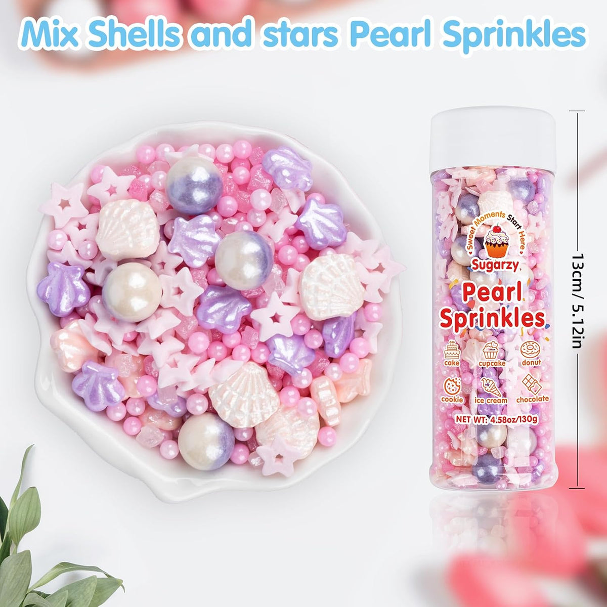 Edible Seashell Sprinkles Cake Decorating,130g/4.58oz,Pink Purple Pearl Sugar Sprinkle,Mix Sea Beach Stars Shell Sprinkles, Ocean Theme Baking Candy Decorations,Cupcake,Ice Cream Cookie Donuts Toppings,Birthday Children's Summer Party Supplies