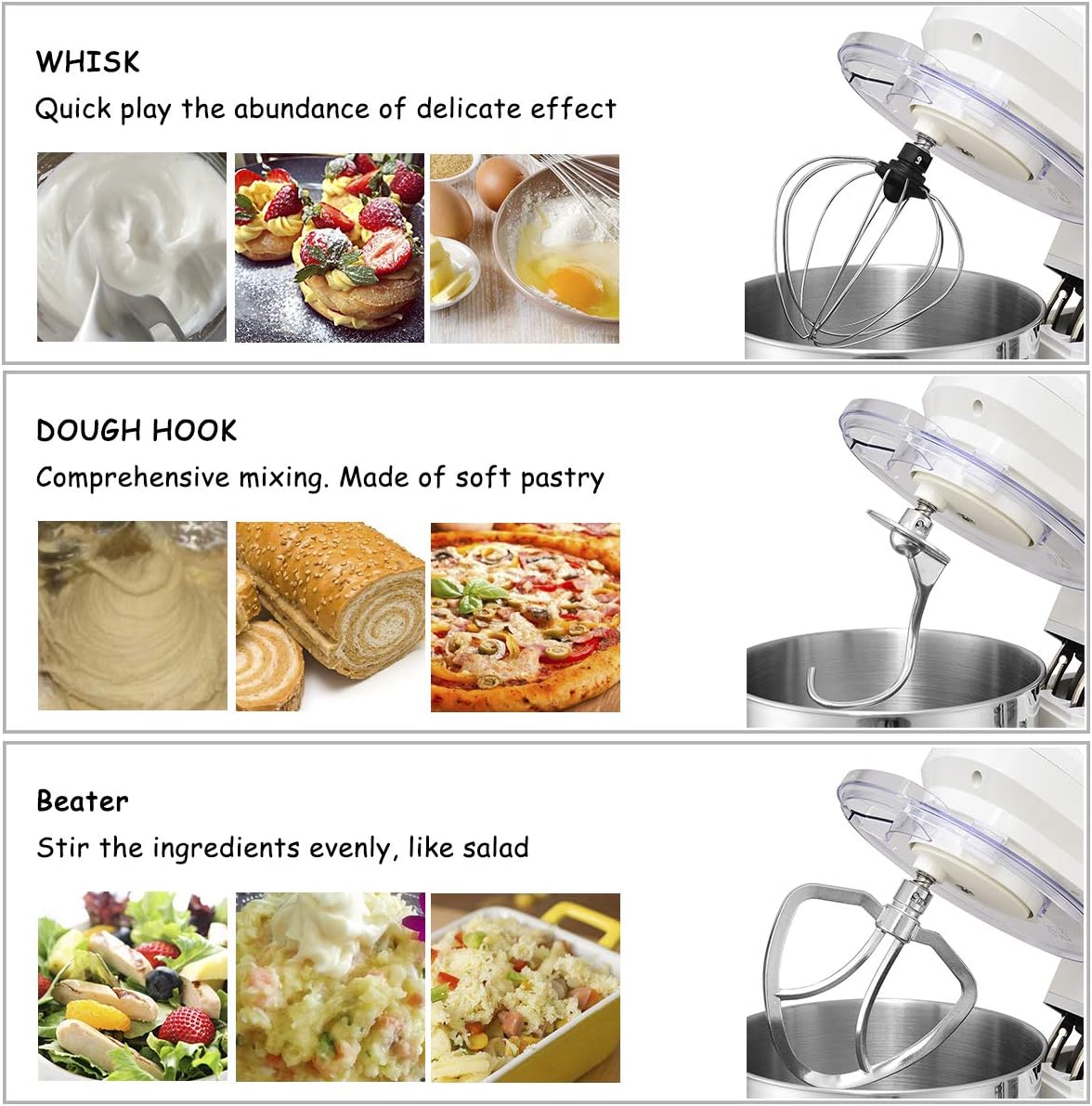 COSTWAY Stand Mixer, 7.5-Quart 660W 6-Speed Electric Mixer with Stainless Steel Bowl, Tilt-head Food Mixer with Dough Hook, Beater, Whisk (White)