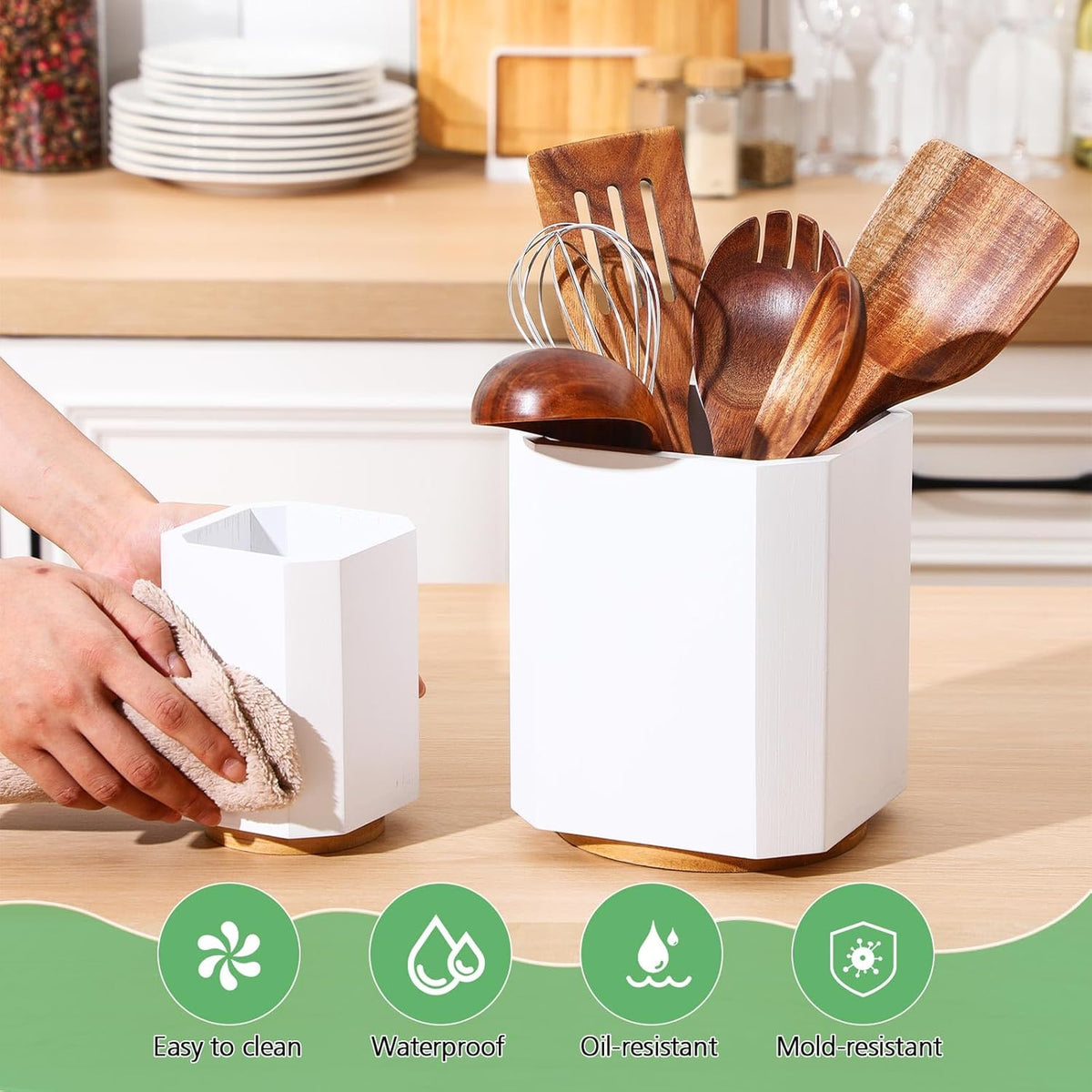 2 Pack Wooden Utensil Holder, 360°Rotating Kitchen Cooking Utensil Crock, Spoon Spatula Holder for Kitchen Counter, Farmhouse Countertop Organizer(White,Square)