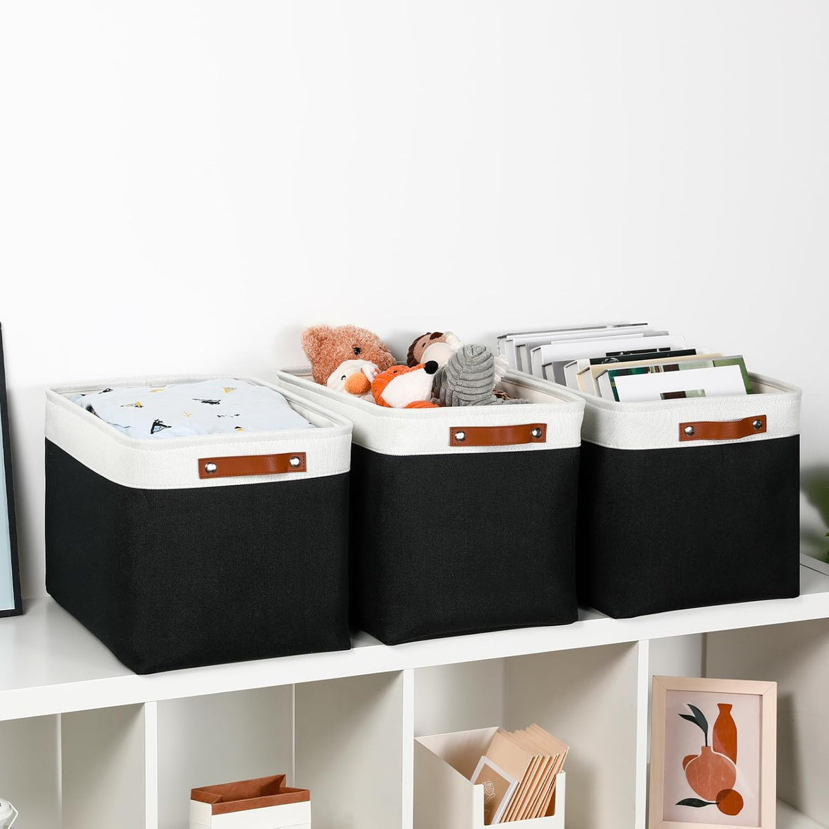 DULLEMELO Large Storage Baskets Fabric Storage Bins, Canvas Storage Basket for Shelf Toys, Decorative Large Storage Bins with Handle for Baby Gift(White&Black)