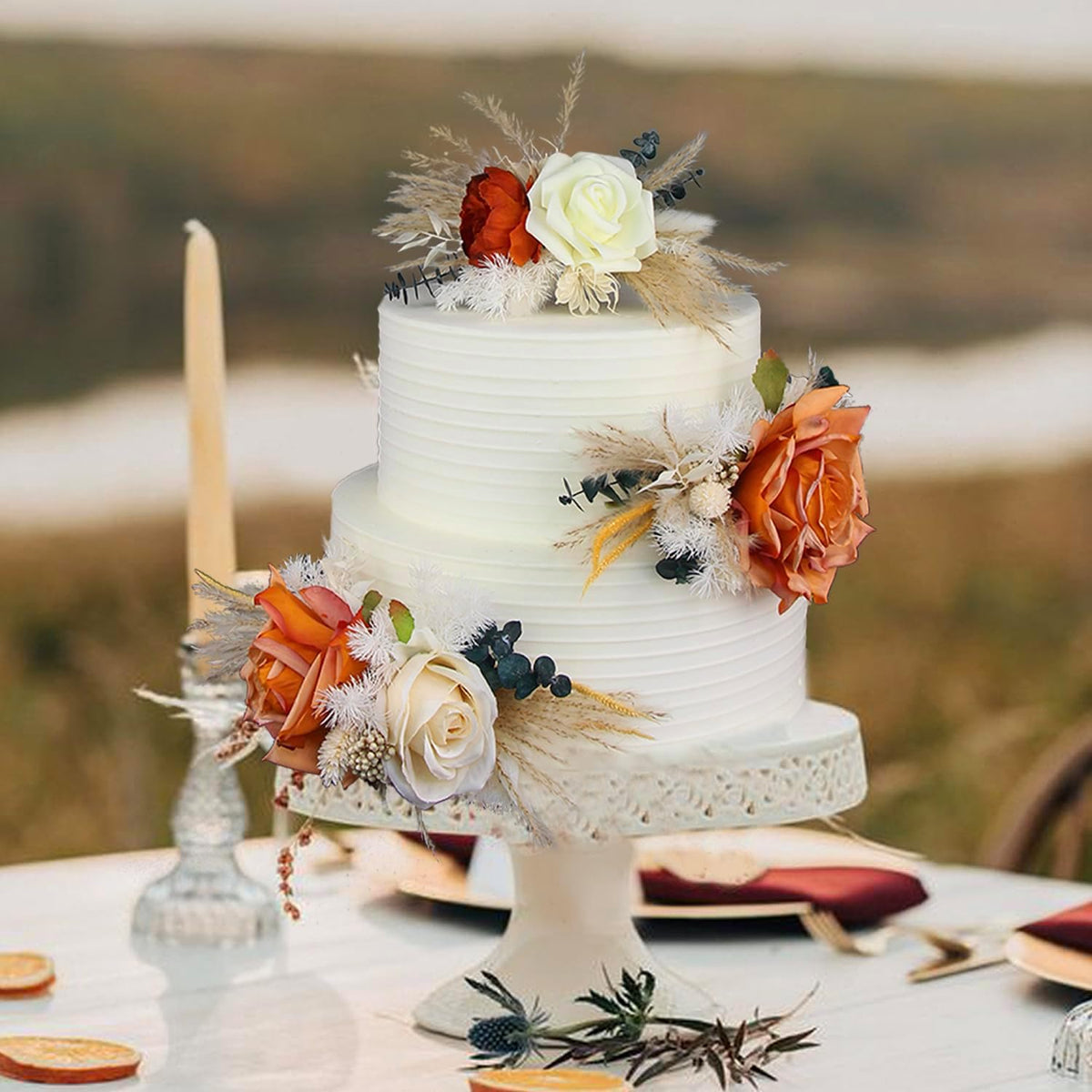Rinlong 3-Piece Boho Chic Cake Toppers: Terracotta & Beige Silk & Dried Eucalyptus Flowers for Weddings, Birthdays, Baptisms & More