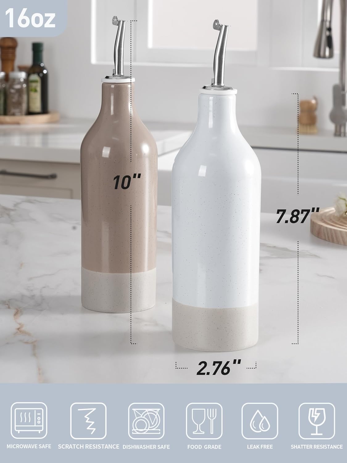 famiware Milkyway 16oz Ceramic Olive Oil Dispenser Bottle, Olive Oil and Vinegar Dispenser Bottle Set of 2 with Stainless Steel Pourers, Suitable for Storage Liquids, Light Gray and Cinnamon Brown