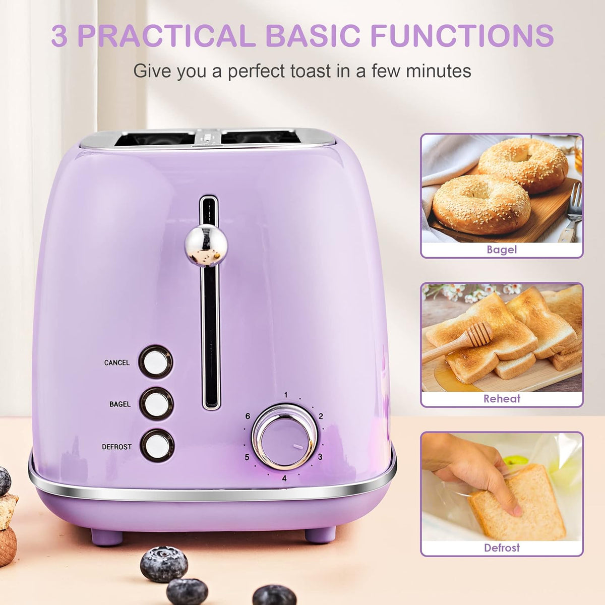 2 Slice Toaster Retro Stainless Steel with Bagel, Cancel, and Defrost Functions, 6 Bread Shade Settings, Extra Wide Slots and Removable Crumb Tray, Lavender-Purple