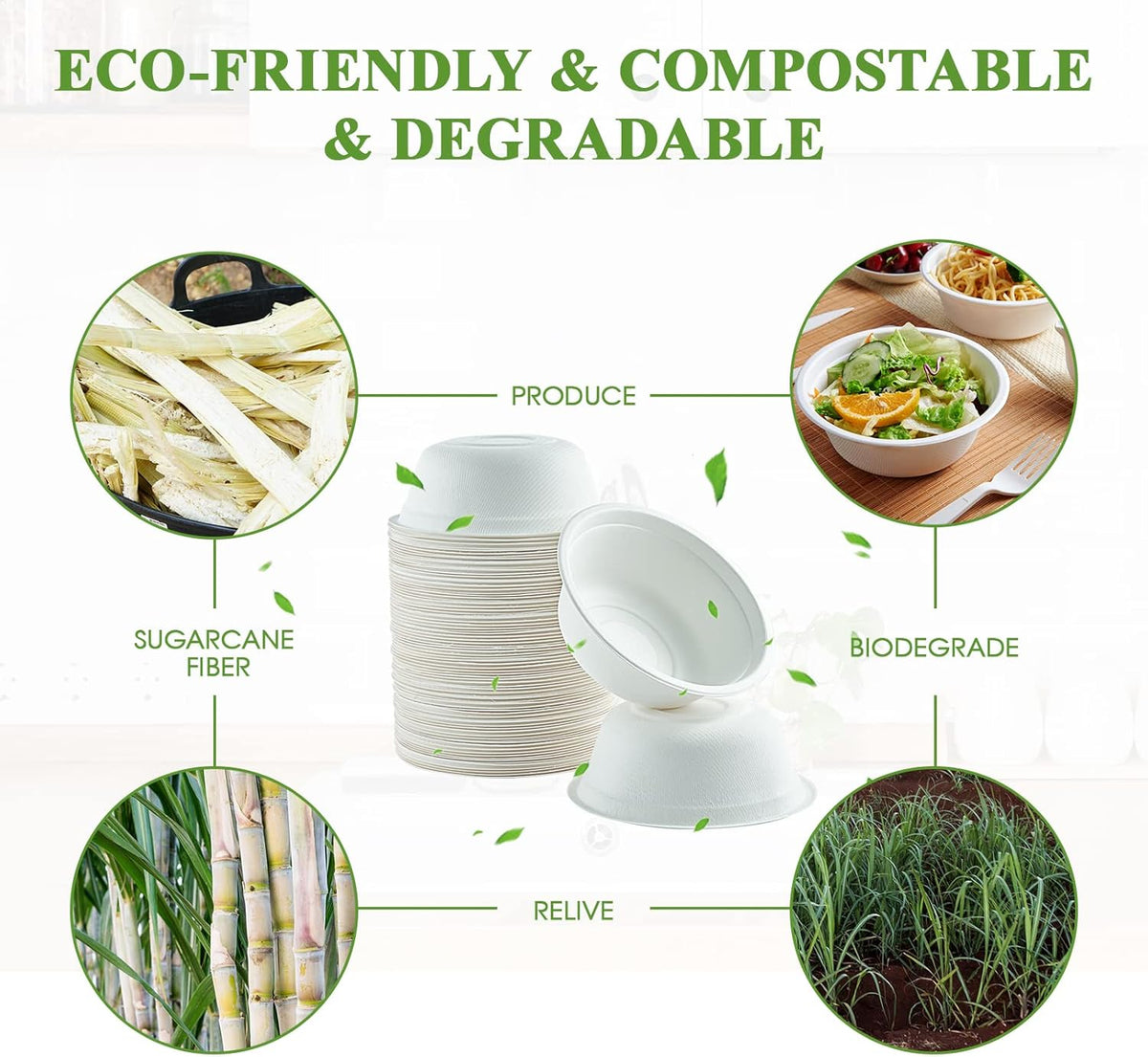 Vplus 180 Pack 16 OZ Paper Bowls, Disposable Compostable Bulk, Eco-friendly Bagasse, Heavy-duty Bowls Perfect for Milk Cereals, Snacks, Salads