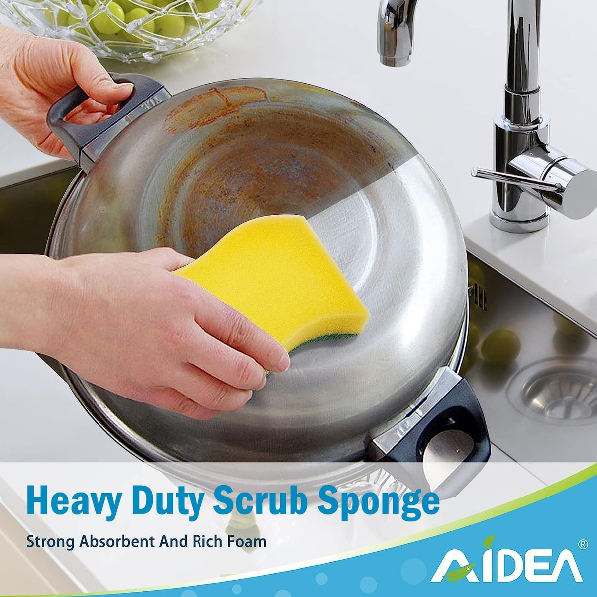 AIDEA Heavy Duty Scrub Sponge-12 Count, Kitchen Dish Sponge, Stink-Free Cleaning Sponge, Effortless Cleaning Eco Scrub Pads for Dishes,Pots,Pans All at Once
