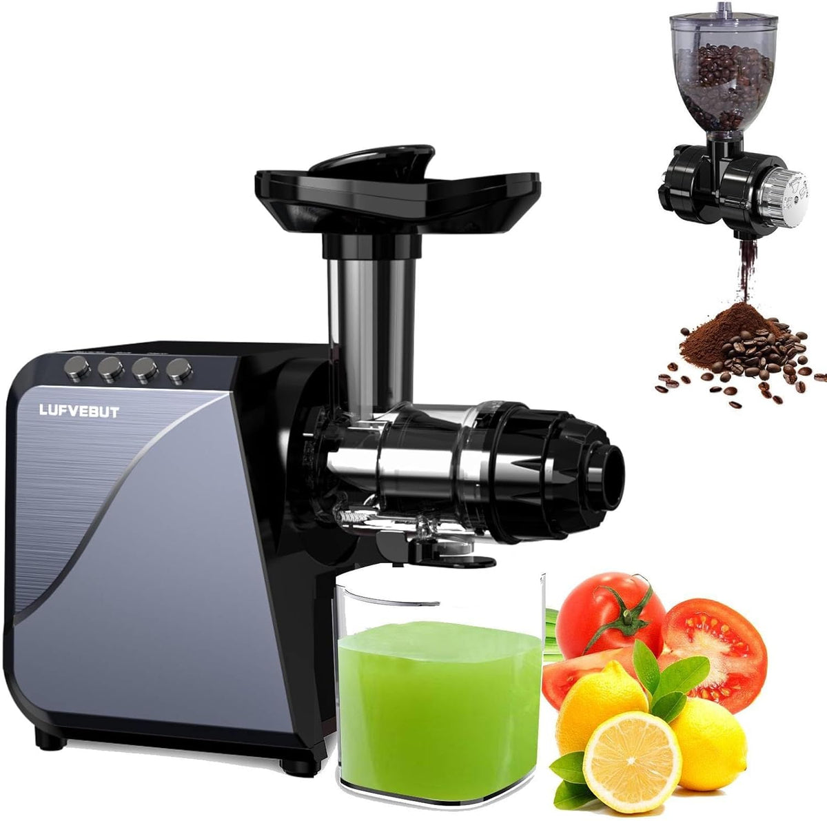 Cold Press Juicer Extractor Fruit Vegetable, Electric Coffee Grinder Burr Fine Coarse Grind for Beans Nuts, Celery Beet Carrot Wheatgrass Ginger Slow Juicer Machines Quiet BPA Free Easy To Clean