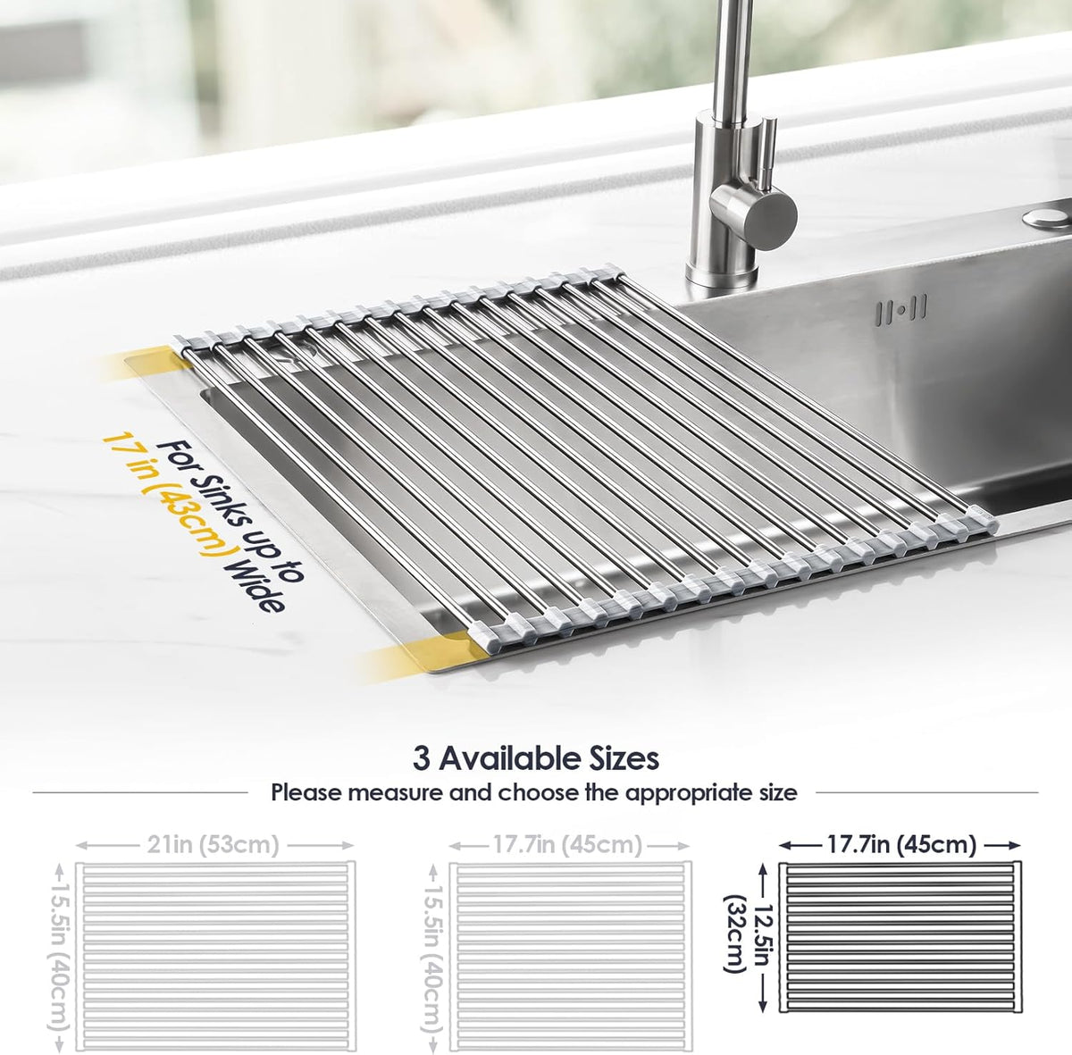 Tomorotec Stainless Steel Roll-Up Dish Drying Rack Marble Color Silicone Edges, Foldable Kitchen Rack Heat Resistant Trivet Supports up to 70 lbs, Food Safe for Dishes, Cookware & More