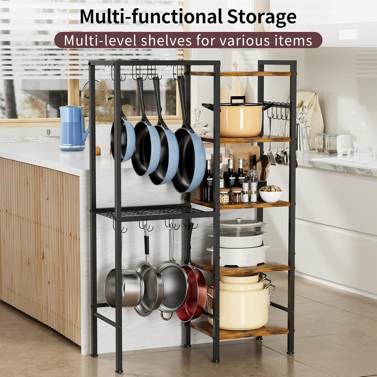5-Tier Pot and Pan Organizer Rack with Hooks, Heavy-Duty Kitchen Storage Shelf for Cookware, Dishes, and Utensils, Freestanding Metal Pot Rack Organizer for Kitchen, Pantry, or Dining Room