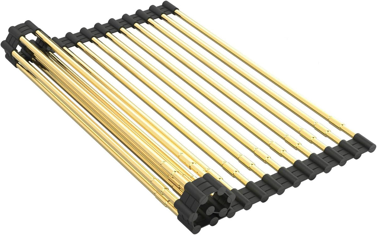 Expandable Large Draining Rack, Roll Up Heat-Resistant Dish Drainer for Stainless Steel Sinks, Collapsible Over The Sink Rack Non-Slip Silicone Rolling Up Rack Gold 18 Tube