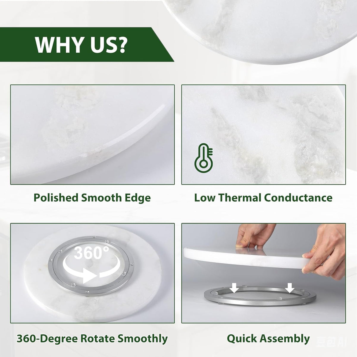 Marble Lazy Susan, 16 in Lazy Susan Turntable Organizer for Cabinet Pantry Kitchen Countertop Fridge Bathroom Makeup Vanity Countertop - White