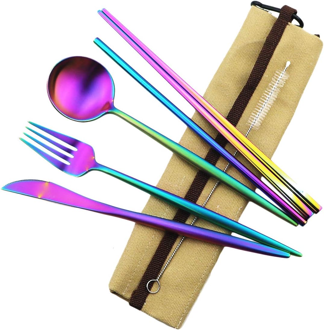 Gugrida Reusable Travel Utensils, 7 Piece Portable 304 Stainless Steel including Knife Fork Spoon Chopsticks Cleaning Brush Straws Portable Pouch, Eco-friendly Camping Silverware Set, Dishwasher Safe