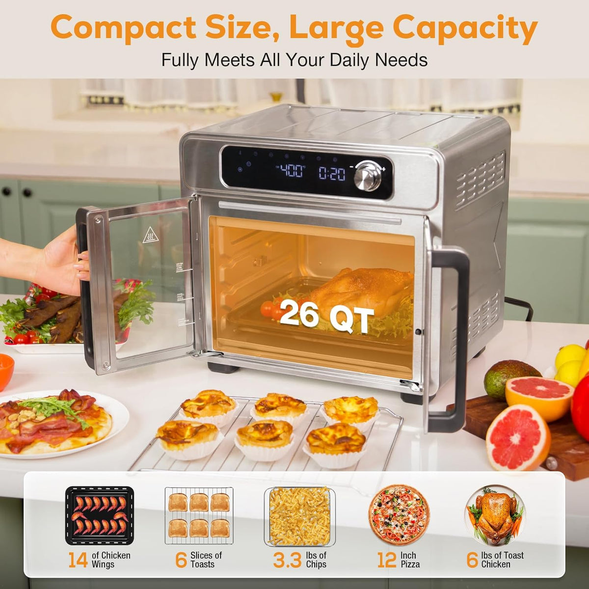 Romswi 26QT French Door Air Fryer Toaster Oven Combo, 24 Cooking Functions and Digital Controls, Fits 12" Pizza, 6 Slices of Toast, Rotisserie 6lb Chicken, 6 Accessories Included