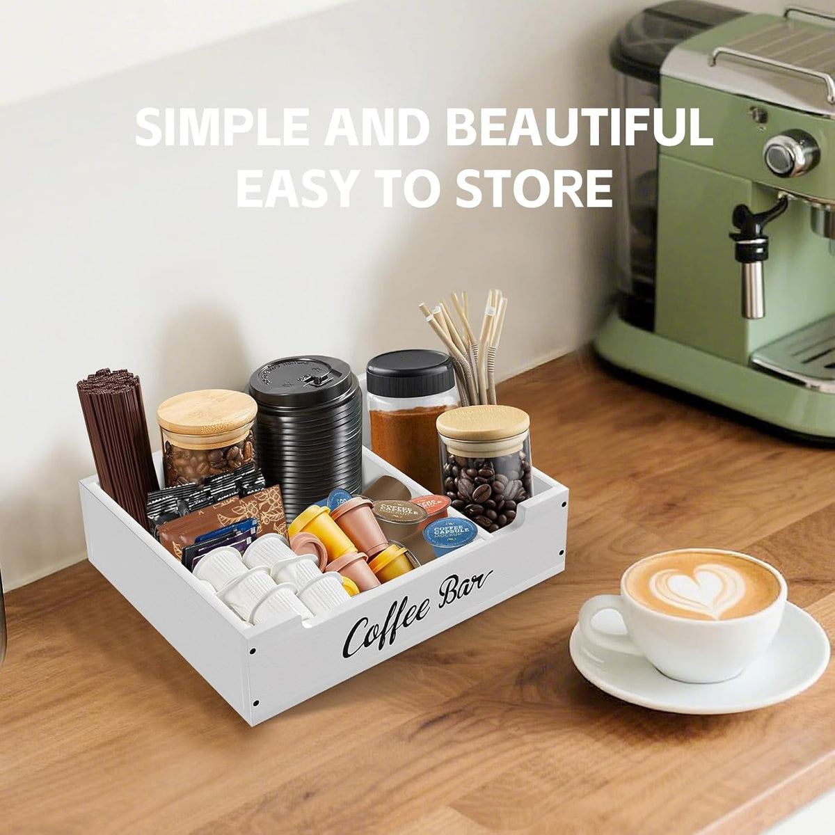 Coffee Pod Bar Station Wooden 14" X 10" X 4" Organizer Box for Countertop, Counter Top Tea Espresso Cup Wood Storage Box, White
