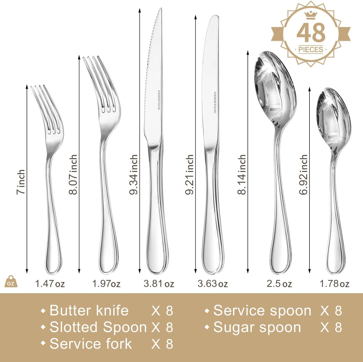 KINGSTONE 48 Piece Teardrop Silverware Set with Steak Knives, 18/10 Stainless Steel Flatware Set for 8, Modern Design Cutlery Set for Home/Hotel/Wedding,Mirror Polished and Dishwasher Safe