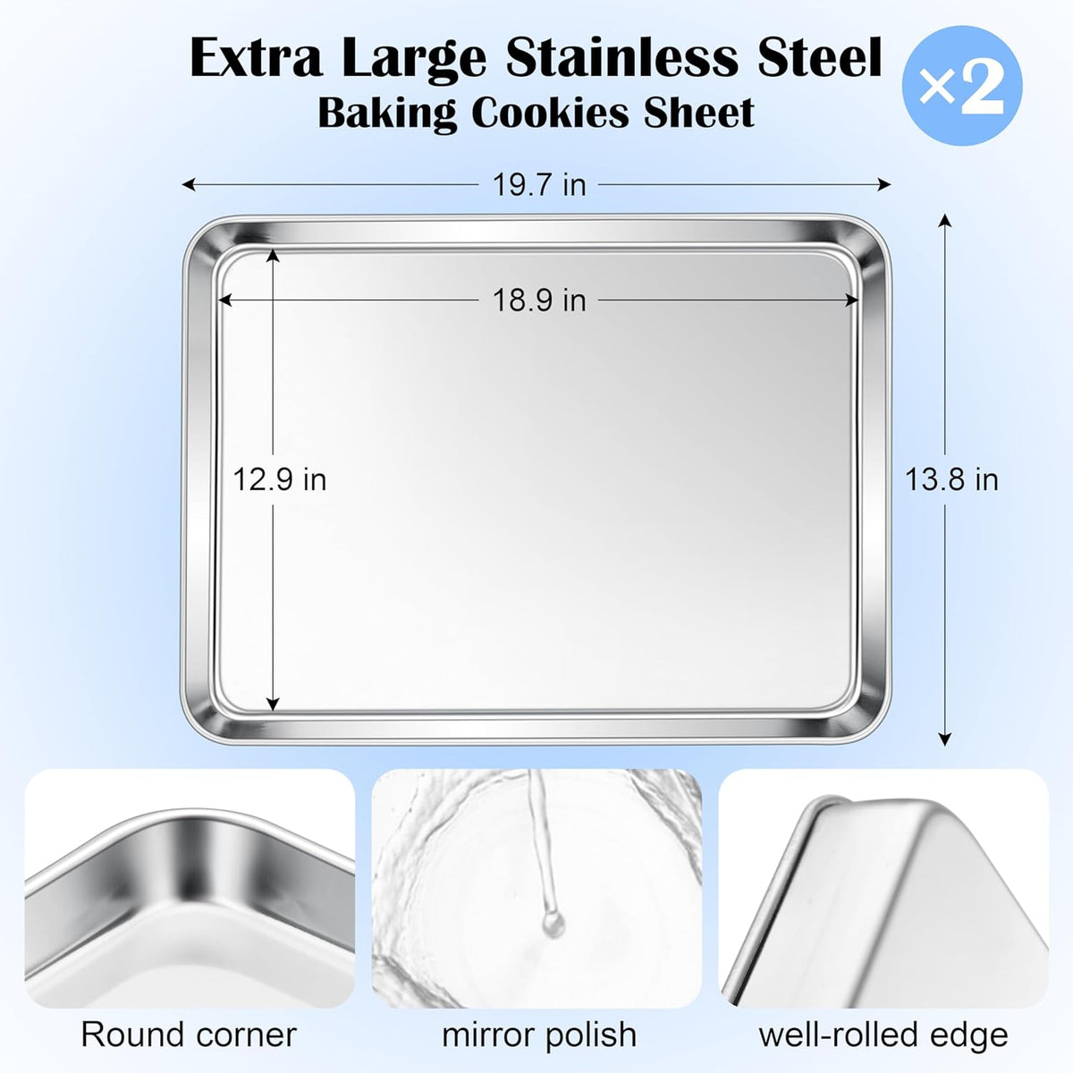 E-far Large Baking Sheets, 20”x14” Stainless Steel Cookie Sheet Pans for Oven, Non Toxic Big Metal Baking Trays for Cake Cookies, Healthy & Rust Free, Mirror Finish & Dishwasher Safe, 2 Pack