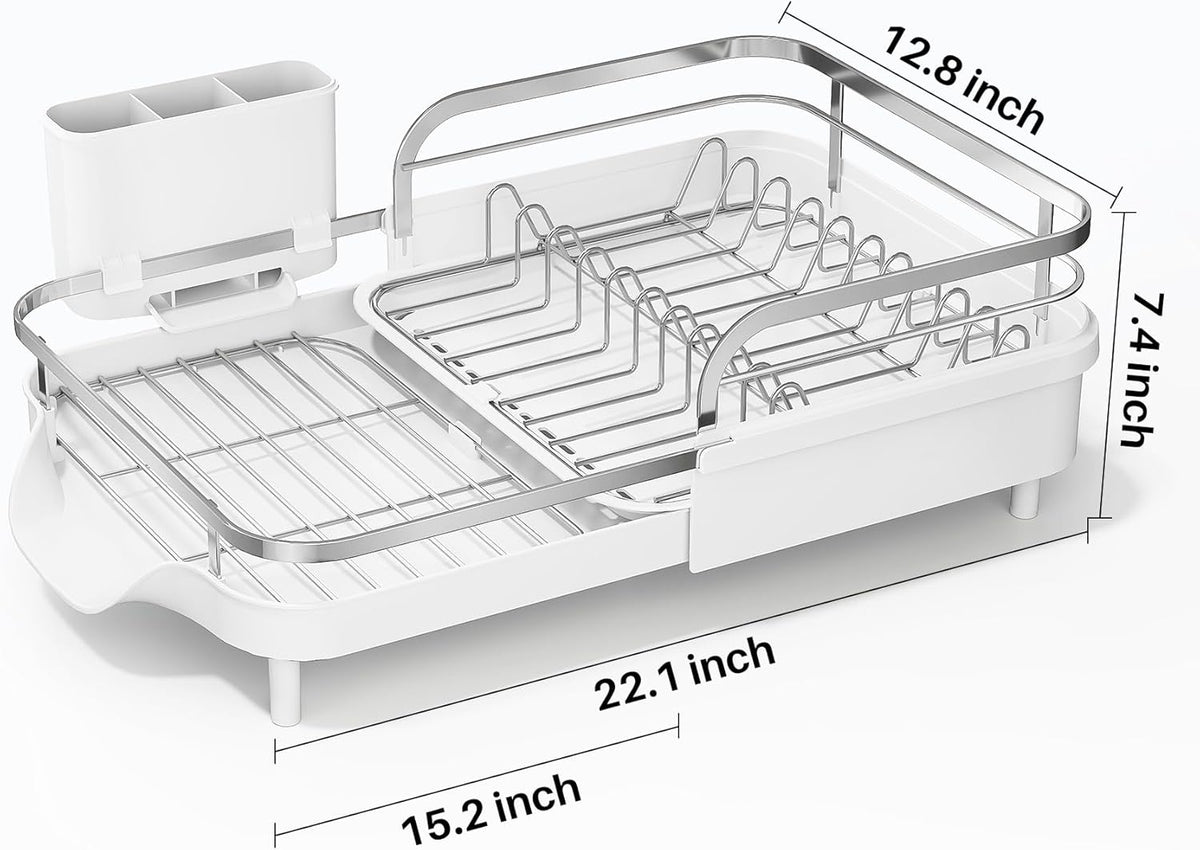SAYZH Dish Drying Rack - Expandable Dish Rack for Kitchen Counter, Rust-Resistant Dish Drainer with Utensil Holder and Raised Guardrail, Kitchen Organizer for Cup and Bottle (White)