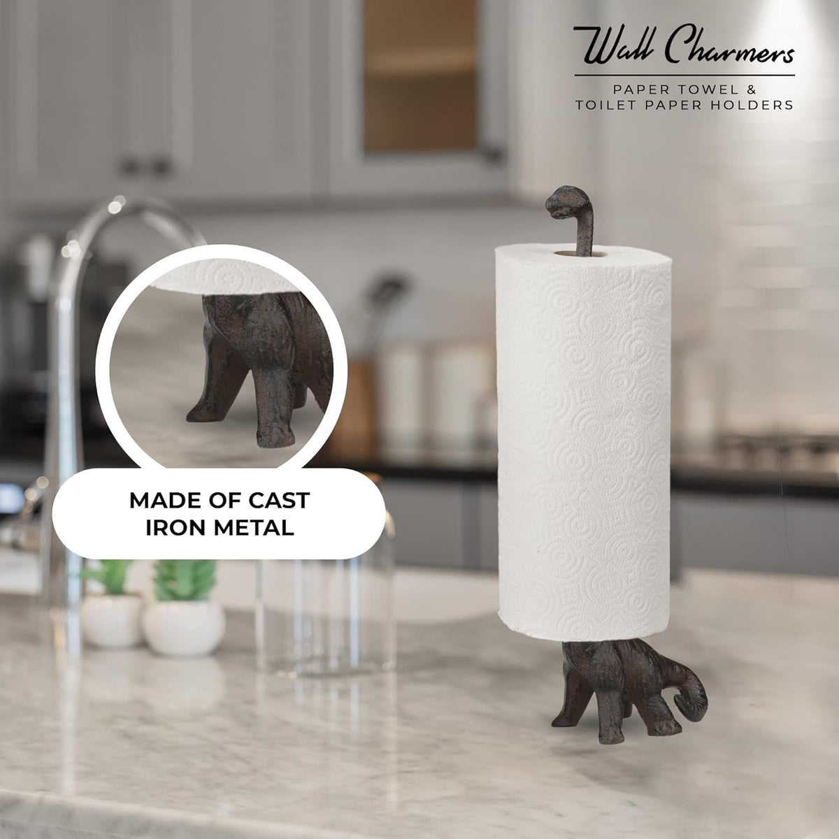 WallCharmers Rustic Paper Towel Holder, Metal Toilet or Kitchen Paper Holder for Floor or Countertop, Rustic Dino