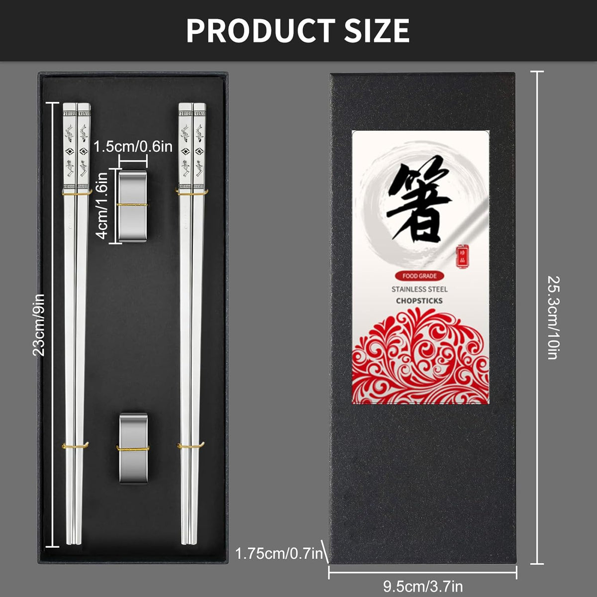 Metal Chopsticks Reusable 2 Pairs: Stainless Chopstick with Two Holders Set ,Dishwasher Safe,Non-Slip,Gift Box Packaging,Laser Engraved,Japanese Chinese Korean Chop Sticks for Cooking Eating