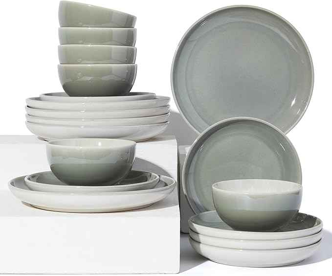 Stoneware Dinnerware Sets for 6, Microwave Safe Plate and Bowl Set, Easy to Clean & Durable Dishes Sets for Small to Medium Families, Gray Green