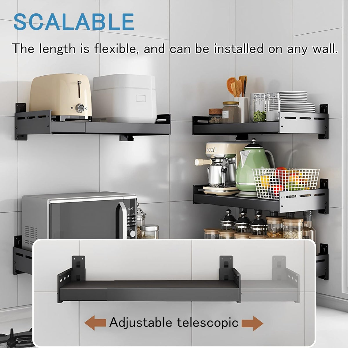 Retractable Stainless Steel Wall Rack, Commercial Storage Rack, countertop Multifunctional Storage Bracket, Kitchen Seasoning Rack for Electric Oven Microwave (16"~25.5" Black)