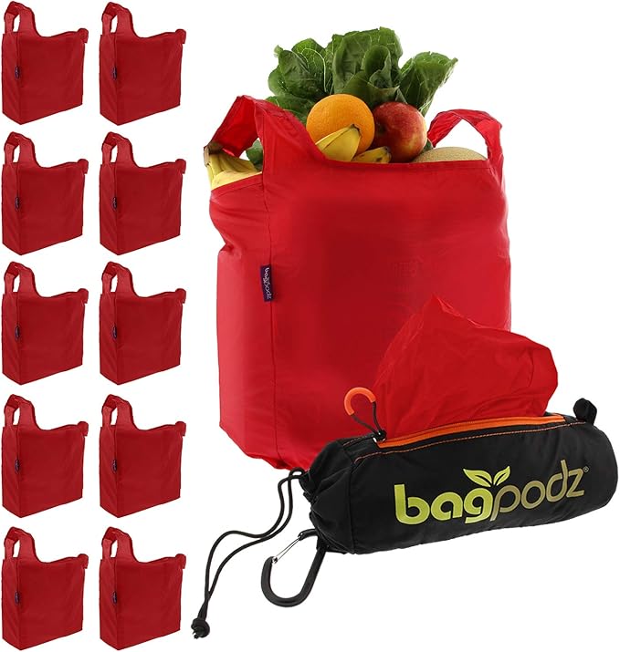 Sturdy Reusable Grocery Bags Foldable and Washable - Made From RipStop Nylon Hold 50lbs - Designed in USA Reusable Shopping Bags Inside a Compact Pod with Carry Clip - 10 Pack in Red